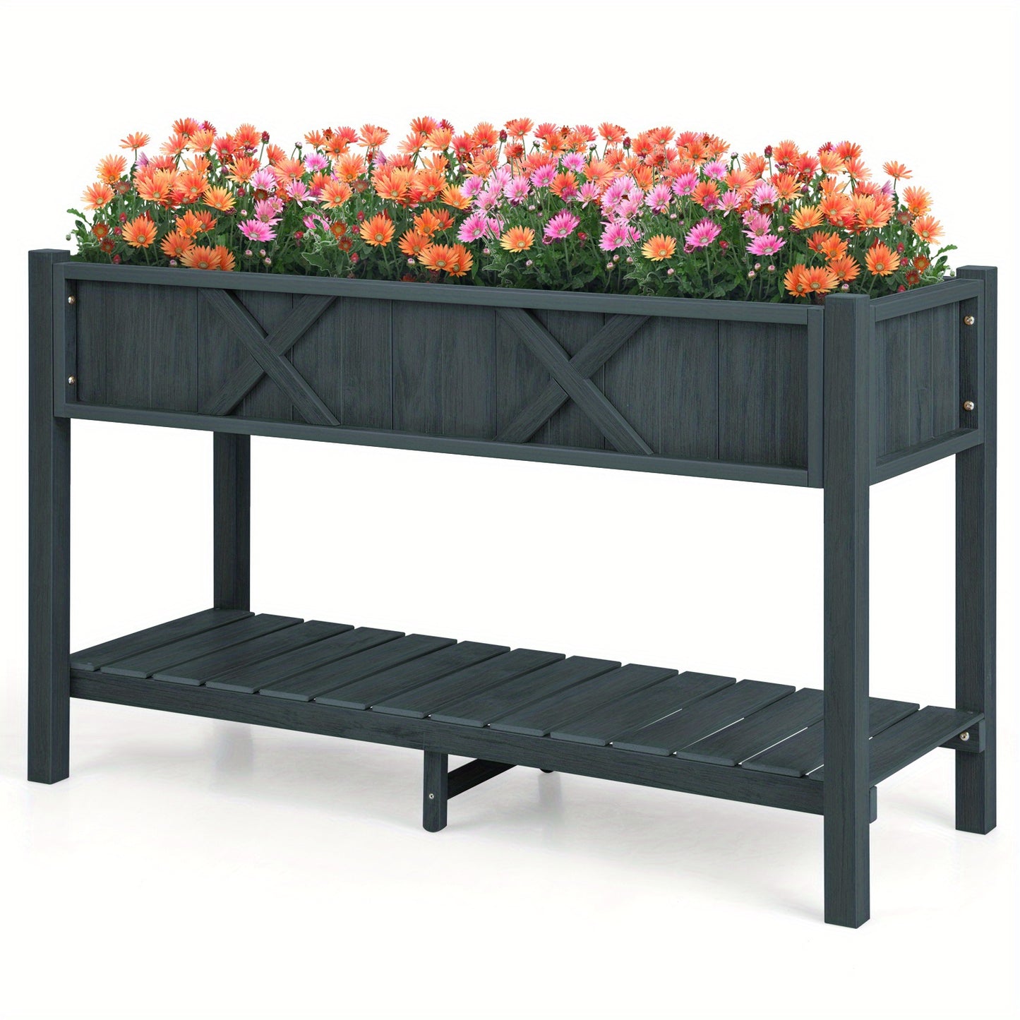 HIPS Raised Garden Bed Poly Wood Elevated Planter Box w/ Legs, Storage Shelf