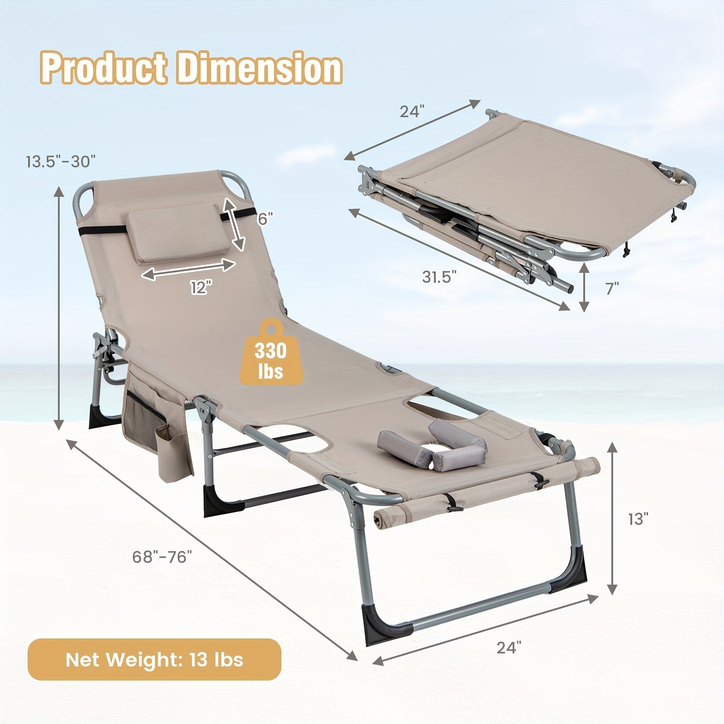 Heavy-Duty Outdoor Folding Chaise Lounge Chair - 5-Position Adjustable Backrest & Footrest, Portable Folding design with Face Hole & Armrests, Oxford Fabric & Aluminum Frame - for Pool, Beach, Patio, Camping - Supports 400 lbs
