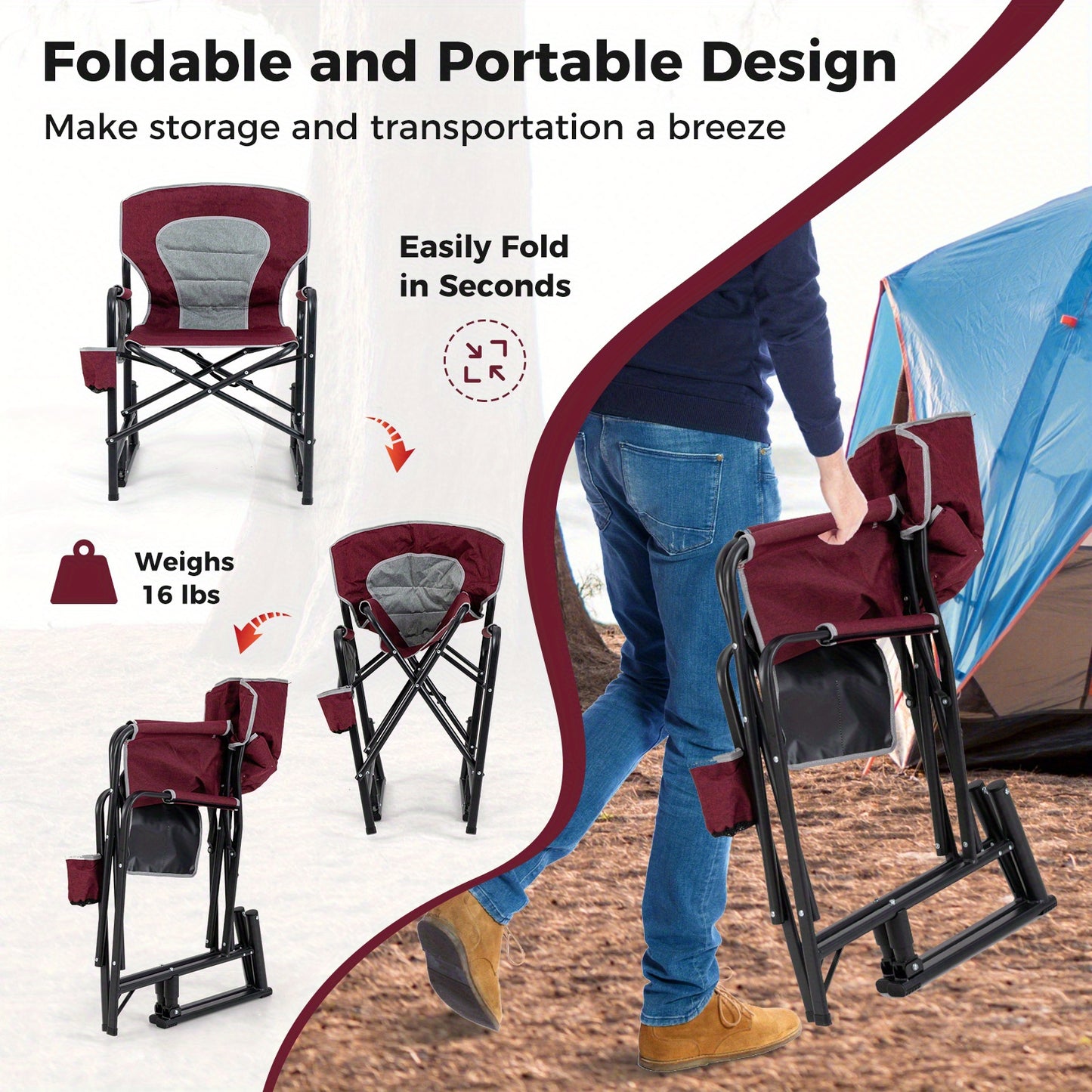 Outdoor Rocker Camping Chair for Adults, Portable Foldable Rocking Chair w/ Dual Springs, Padded Back, Armrests, Cup Holder, Storage Pocket, Heavy-Duty Arm Chair for Beach Patio Travel Picnic.