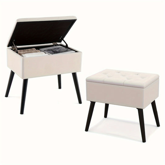 20" Ottoman With Storage - Makeup Vanity Bench With Flip Top Storage, Wood Legs, Upholstered Tufted Storage Ottoman Side Table, Footrest Entryway Stool For Bedroom Living Room.