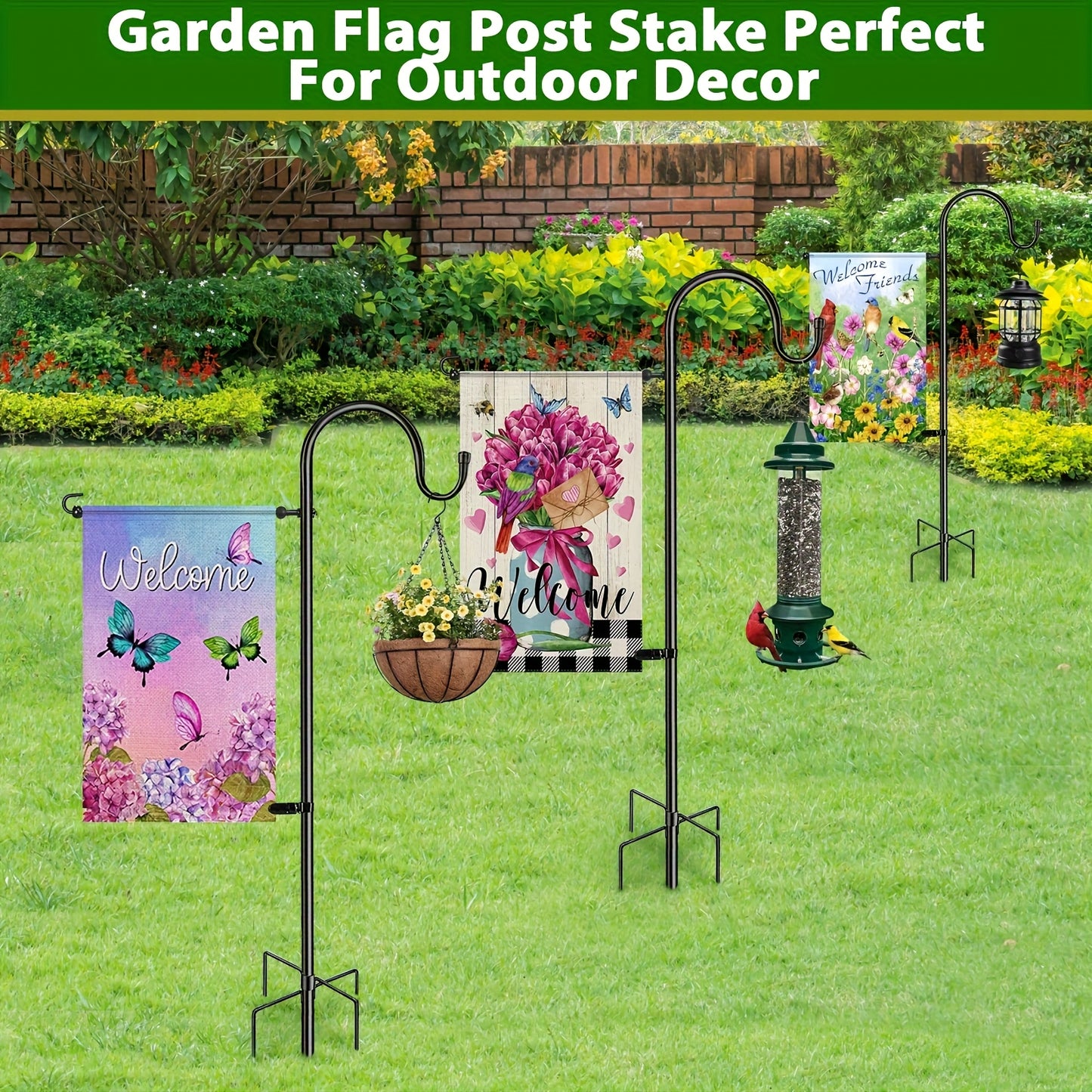 48" Heavy-Duty Adjustable Garden Flag Stand with 5-Prong Base, Metal Shepherd's Hook for Hanging Flags, Bird Feeders & Outdoor Decor - No Electricity Needed, Black, Garden Flags for Outside