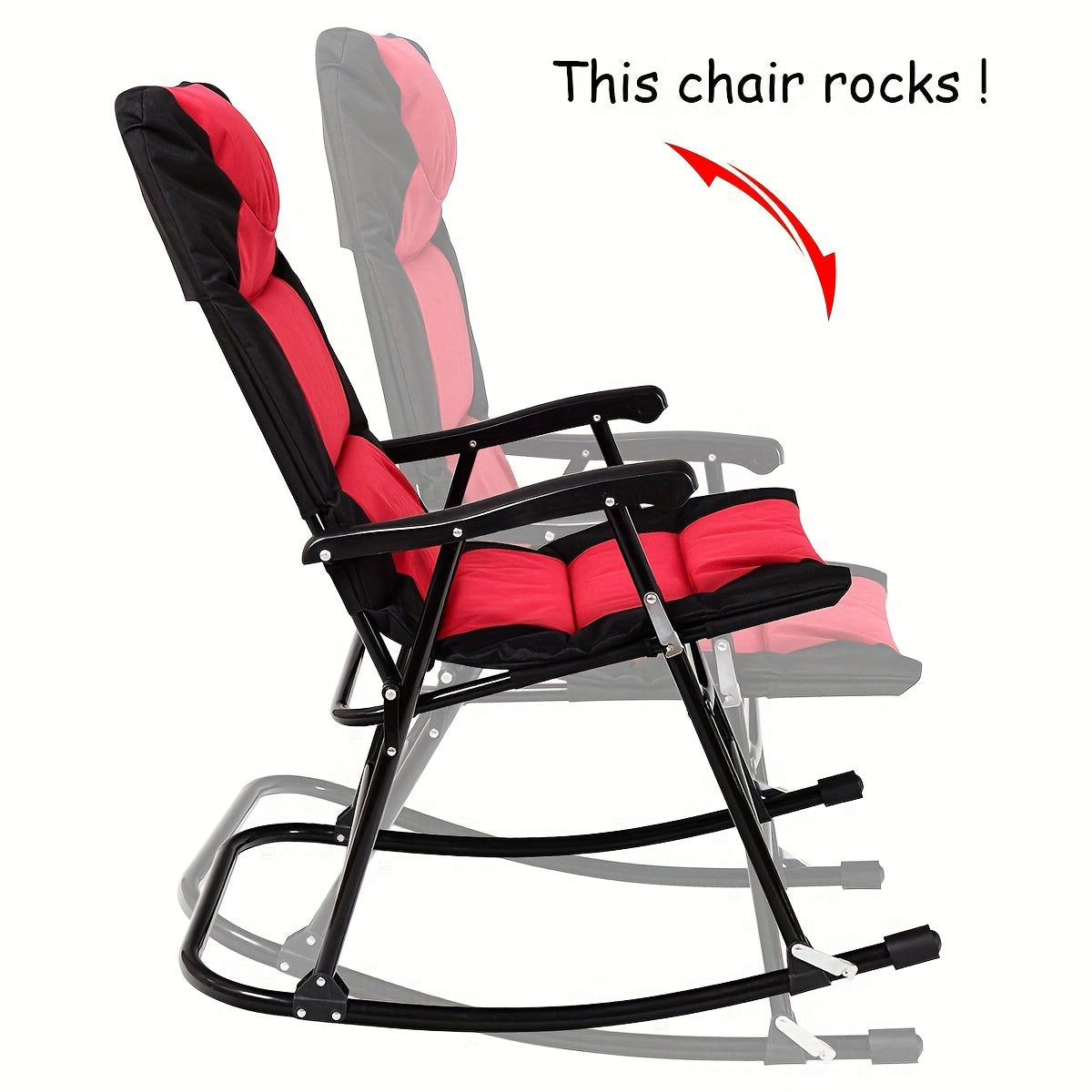 2pcs Rocking Chairs With Cushions & 1pc Glass Top Table, 3pcs Folding Bistro Set, Steel Garden Furniture In Red, Outdoor Patio Set, Space-Saving & Comfort Design, 42.0"x33.0"x27.0" Chairs, 19.0"x20.0" Table