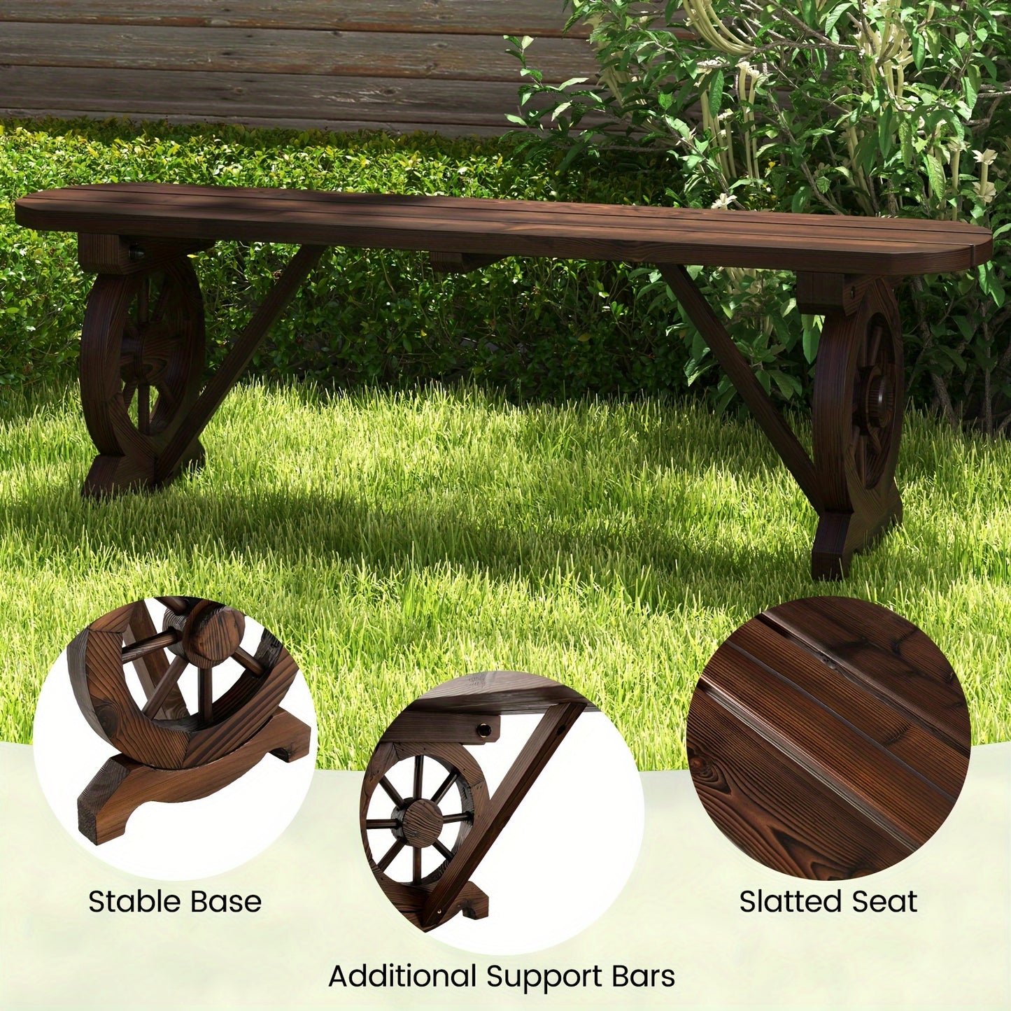 Patio Wood Bench, Outdoor Rustic Wagon Wheel Bench, 2-Person Wooden Outdoor Bench For Patio, Garden, Porch, Park, 710 Lbs Weight Capacity, Brown