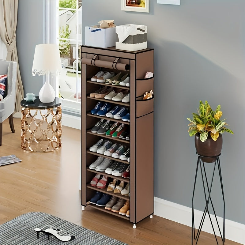 10-Tier High Capacity Shoe Rack with Dust Cover, Space-Saving Design, Easy Assembly, Durable Plastic & Metal Construction, Perfect for Home Entryways and Closets, Holds Up to 8.82LB, Black, Shoe Storage Organizer