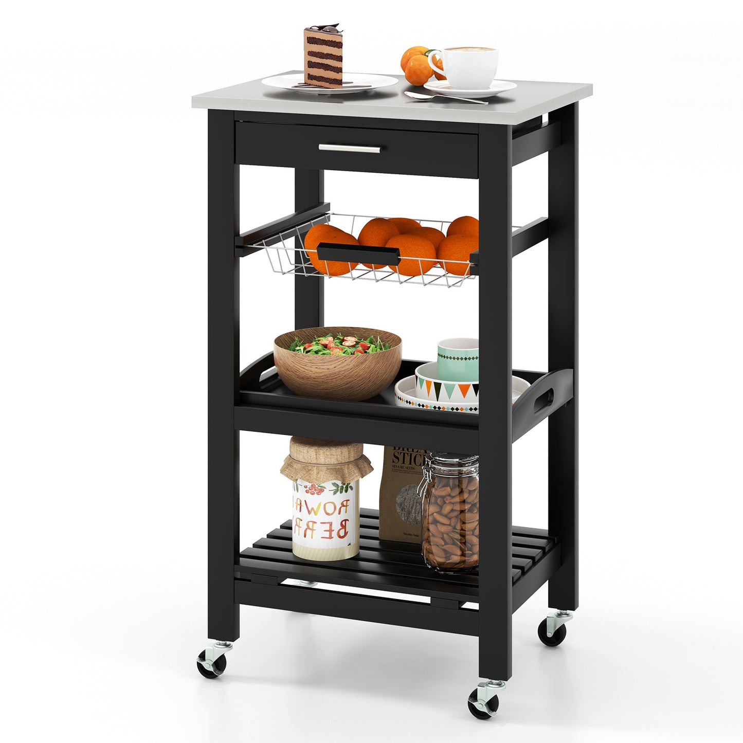 Kitchen Island on Wheels, Rolling Kitchen Cart with Stainless Steel Countertop, Slide-out Metal Wire Basket, Serving Tray, Lockable Casters, Utility Storage Trolley for Kitchen, Dining Room