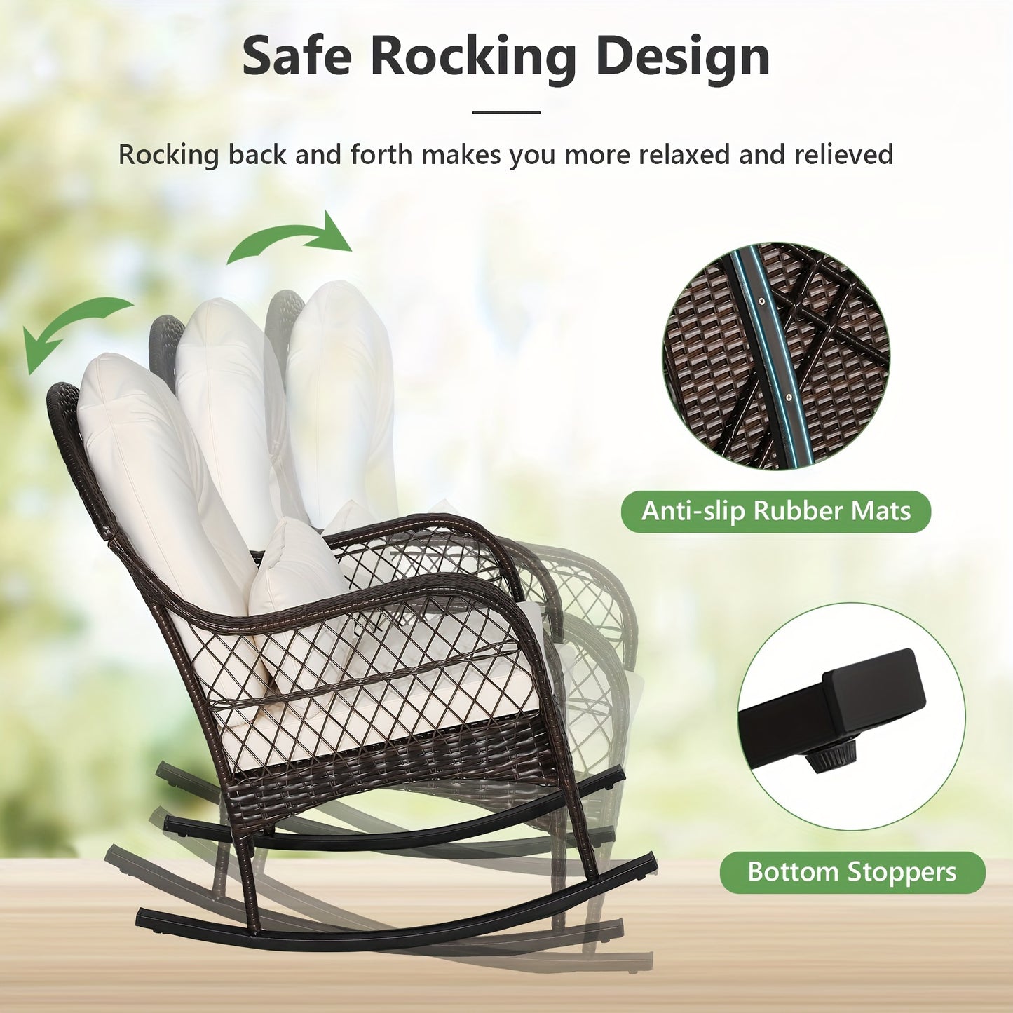 Patio Wicker Rocking Chair W/Seat Back Cushions & Lumbar Pillow Porch Off White