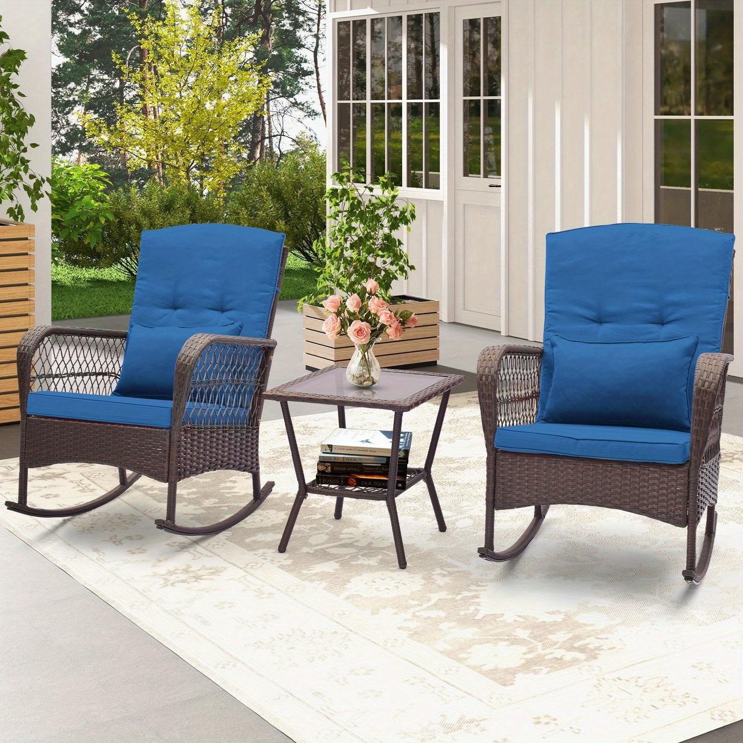 3pcs Patio Rocker Set, Outdoor Wicker Rocking Chairs w/ Double-Layer Coffee Table, Rattan Rocker Chair Set w/ Seat Back Cushions & Pillows, for Porch, Backyard, Poolside.