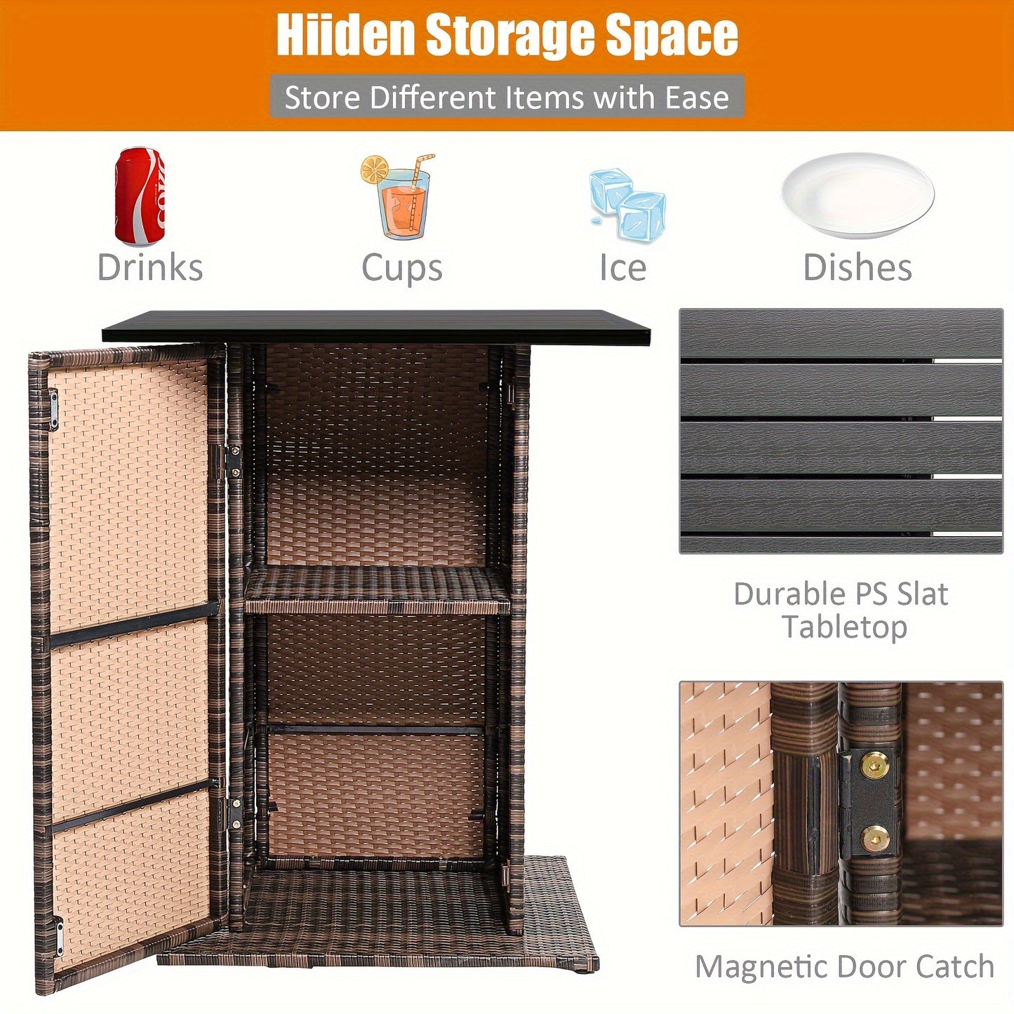 5pcs Rattan Patio Bar Set with Hidden Storage - Includes Table, 4 Stools & Waterproof Cushions - Weather-Resistant PE Wicker for Outdoor Gatherings, Shelf