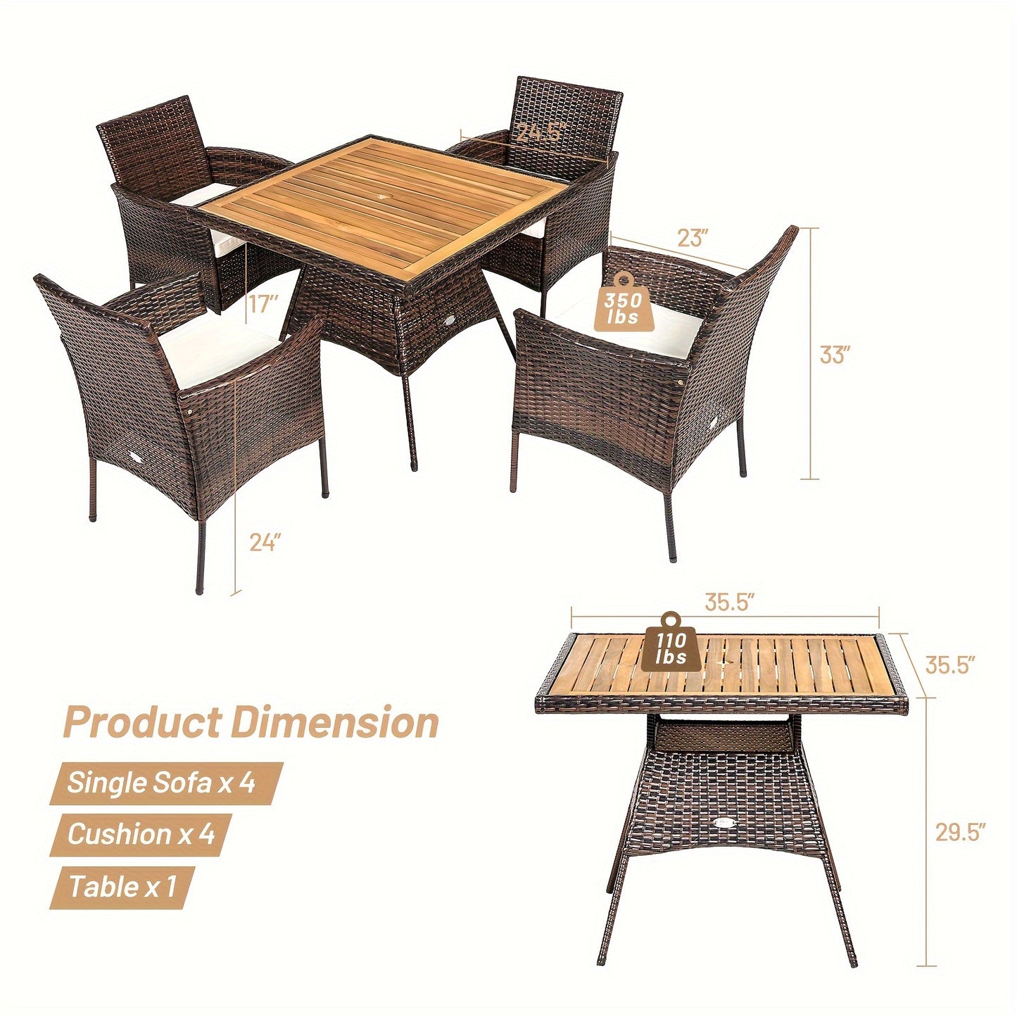5pcs Patio Dining Set with Acacia Wood Table and PE Rattan Arm Chairs, Mixed Brown & Off White, Patio Dining Table Set, Wooden Table Top