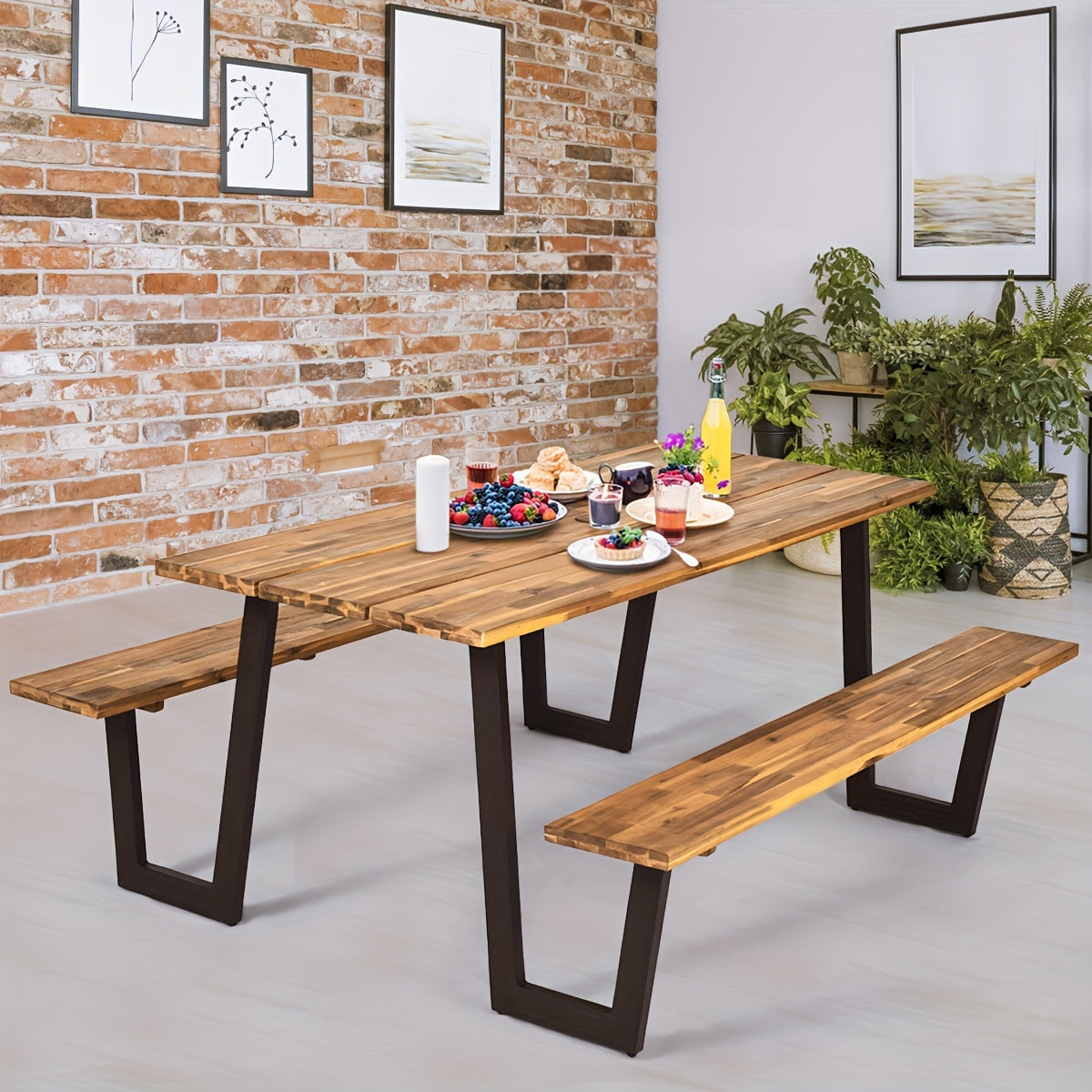 Picnic Table Bench Set Outdoor Camping Wooden 2 Benches w/Umbrella Hole Patented