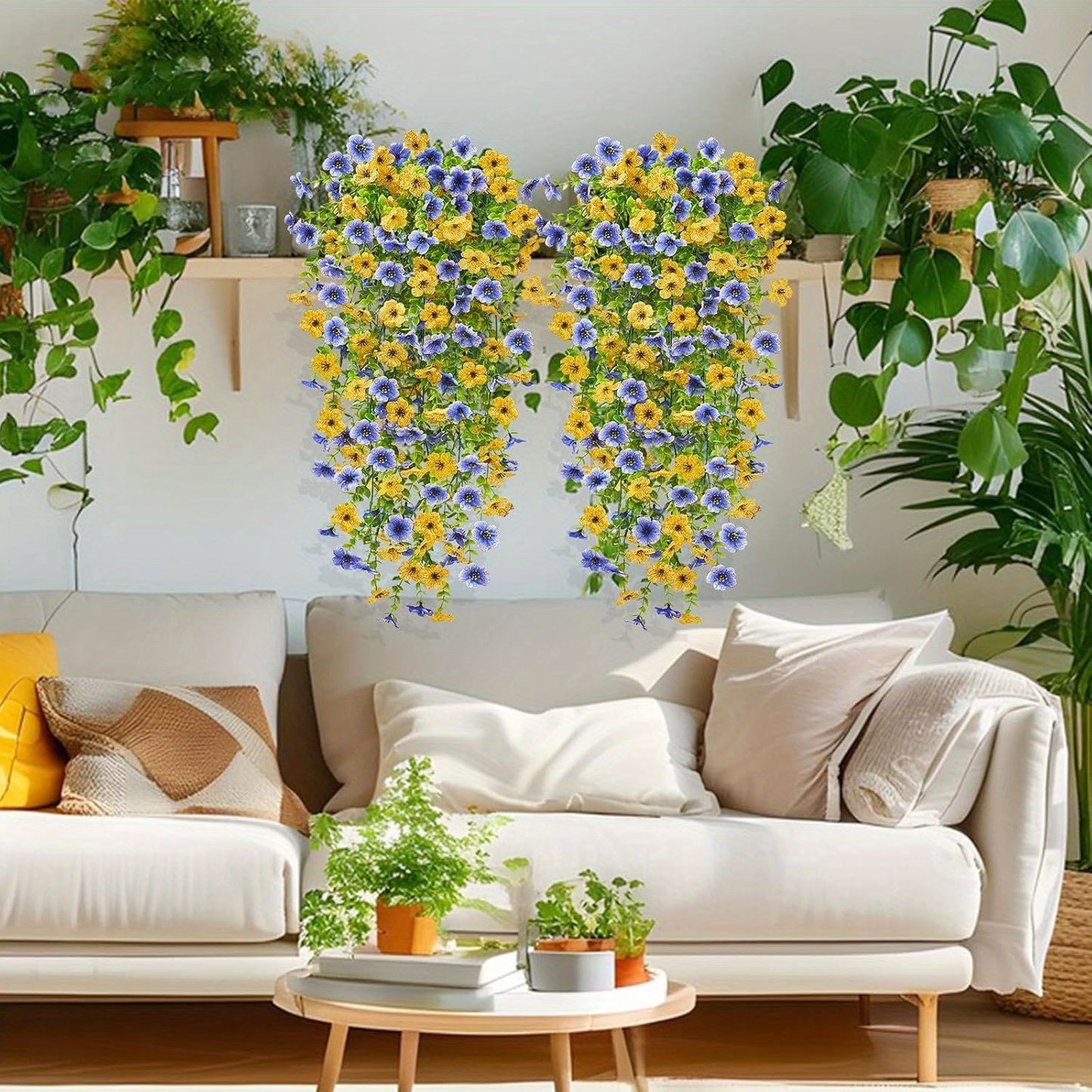 8pcs UV-Resistant Artificial Hanging Vines with Vibrant Blue & Yellow Flowers - Flexible Stems for Easy Shaping, No Maintenance Bohemian Chic Home Decor, Artificial Flowers for Home Decor, Garden Decor, Porch Embellishment, Easy Shaping Vines