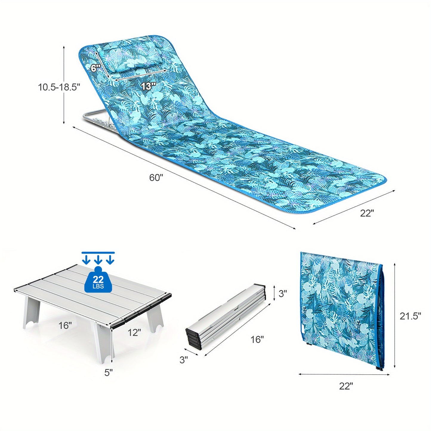 3-Piece Beach Lounge Chair Mat Set 2 Adjustable Lounge Chairs with Table Green