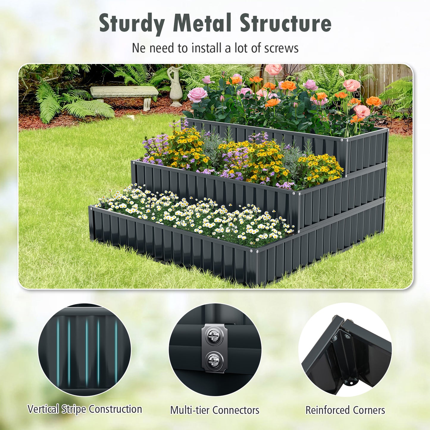 3-Tier Raised Garden Bed, 47" x 47" x 24" Heavy-Duty Metal Outdoor Planter Box w/ Open-ended Base, Elevated Planter Box for Vegetable Fruit Flower Herb, Patio Garden Backyard Raised Bed Kit