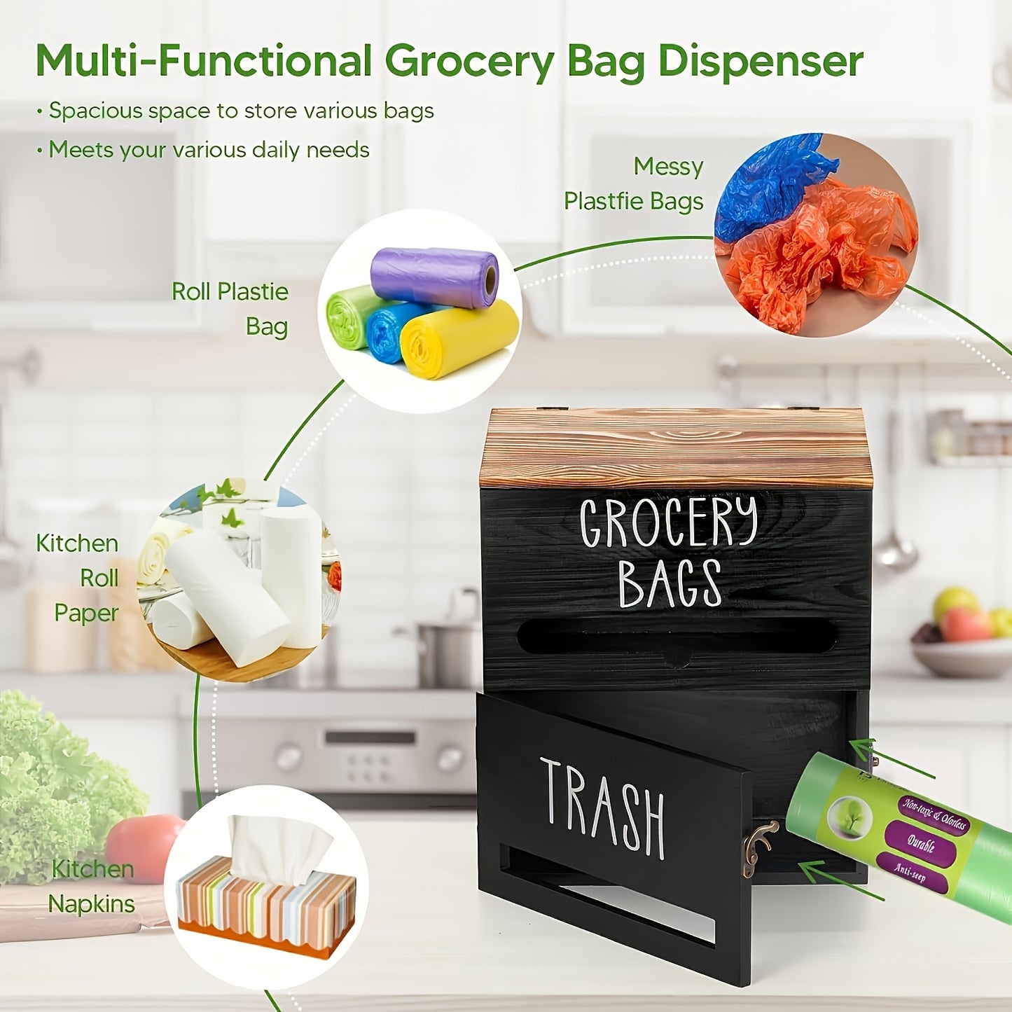 2-in-1 Wooden Garbage Bag Dispenser & Organizer, Large Capacity, Wall-Mount Or Cabinet Hanging Storage for Kitchen And Bathroom Essentials, White/Black