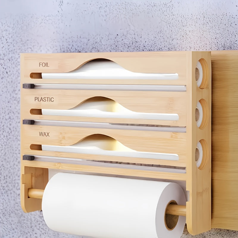 3-Section Bamboo Wrap Dispenser - Kitchen Organizer with Paper Towel Holder, Cutter, and Storage Rack for Foil, Plastic Wrap, Wax, and Accessories - High-Quality, Hand Wash Only, Multi-Purpose Use, Kitchen Storage Solution | Sleek Bamboo Design |