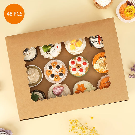 24/48/96pcs Brown Cupcake Containers - Kraft Bakery Carrier Boxes with Windows, Holds 12pcs Cupcakes, 13x10x3.5in, Includes Cardboard Inserts, Perfect for Christmas Gift Boxes, Muffins And Pastries
