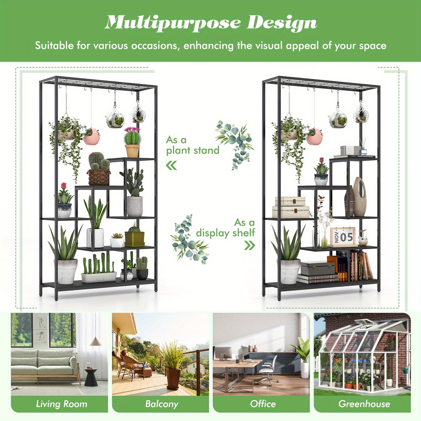 6-Tier Indoor Plant Stand 71" Tall, Sturdy Metal & Wood Plant Shelf with 10 S-Hooks, Large Capacity Vertical Space-Saving Design for Potted Plants, Bonsai, Books, Living Room, Balcony, Office, Balcony Organizer, Modern Aesthetic, Powdercoated Finish