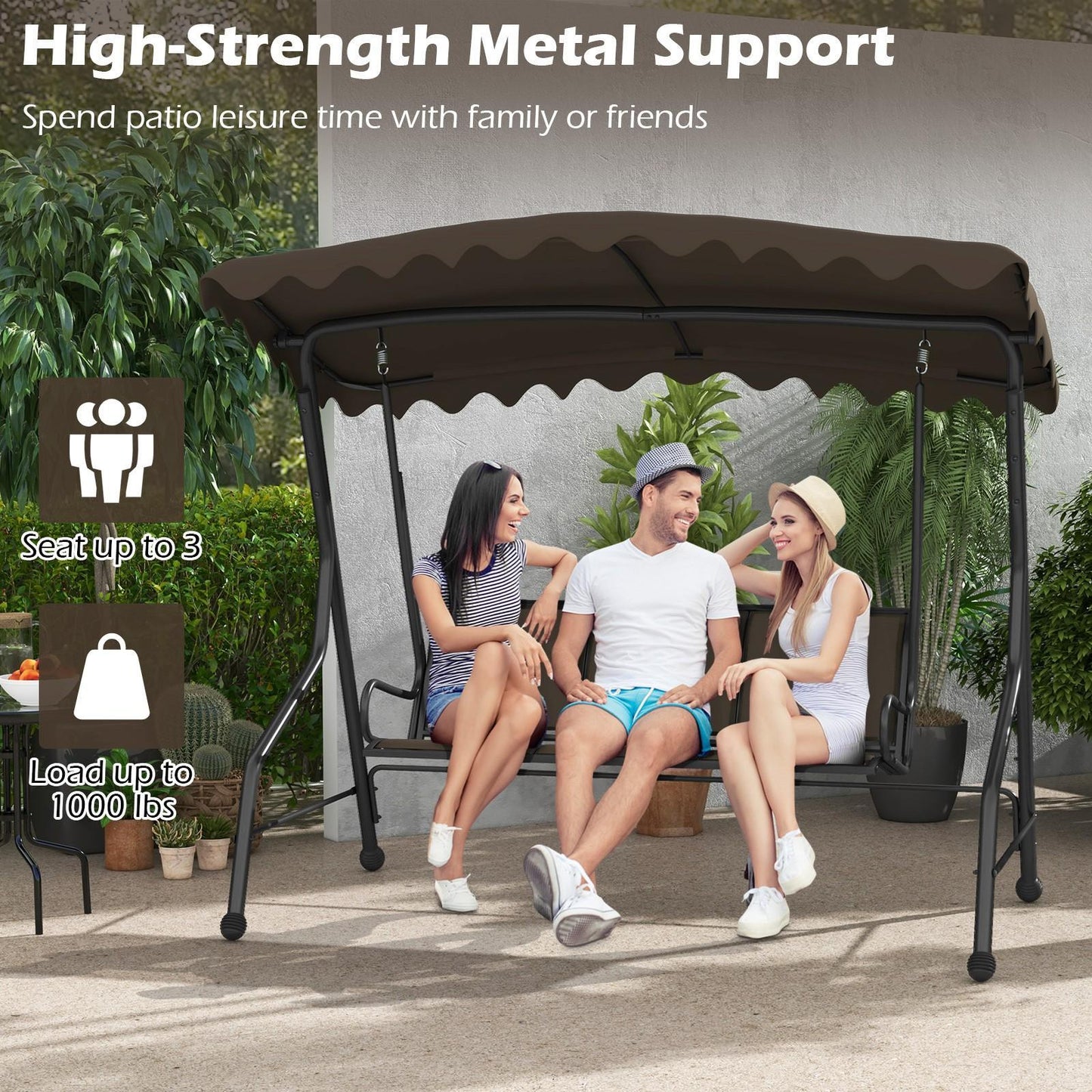 3-Seat Outdoor Swing, Porch Canopy Swing w/ Adjustable Shading, Heavy-Duty Metal Frame & Breathable Seat, Patio Sunset Hanging Swing for Backyard, Poolside, Balcony