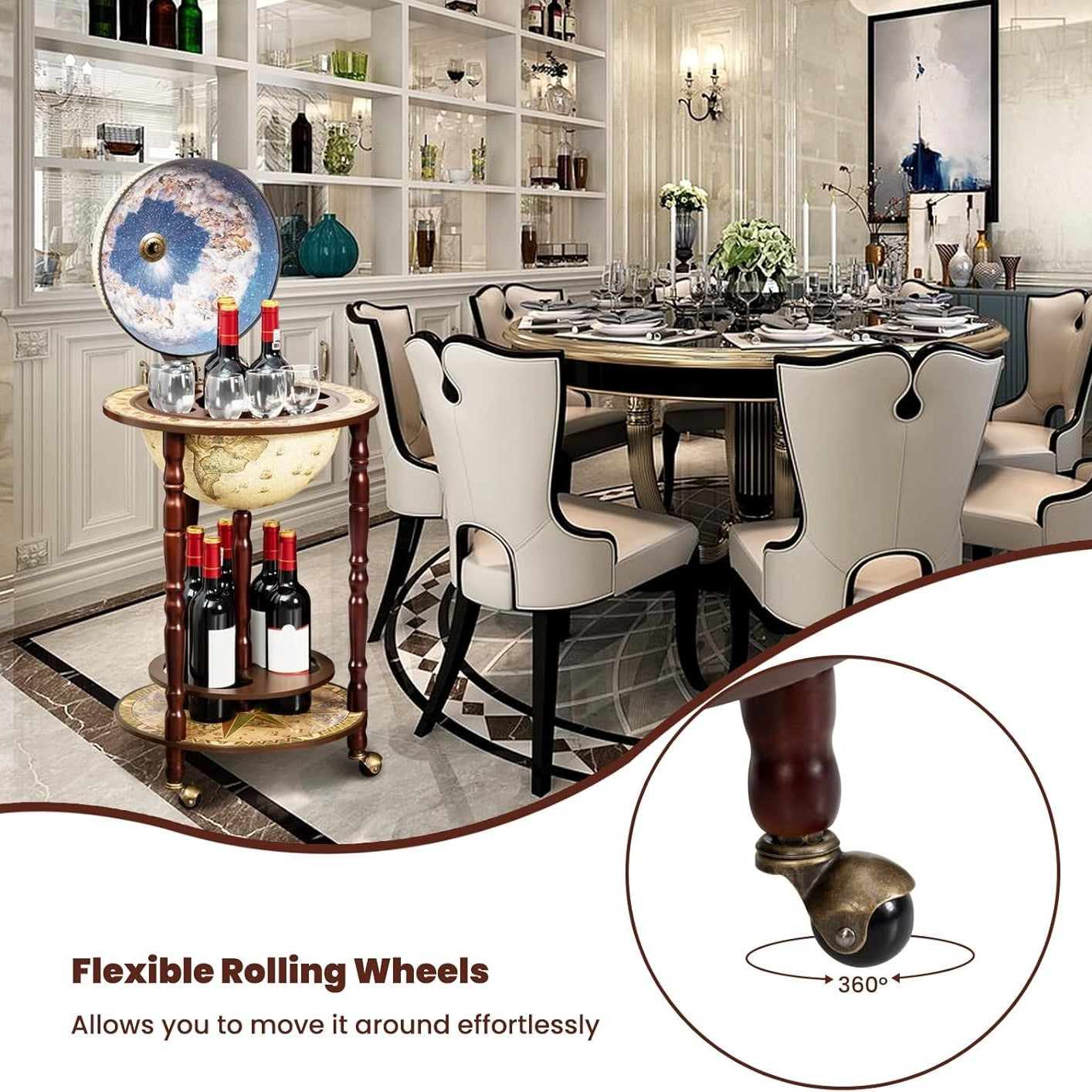 Wine Bar Cabinet, Italian Replica Bar Cart with Wheels and Liquor Bottle Shelf, Solid Wood Wine Bar Stand for Home, Kitchen, Bar, Pub (Cream White)