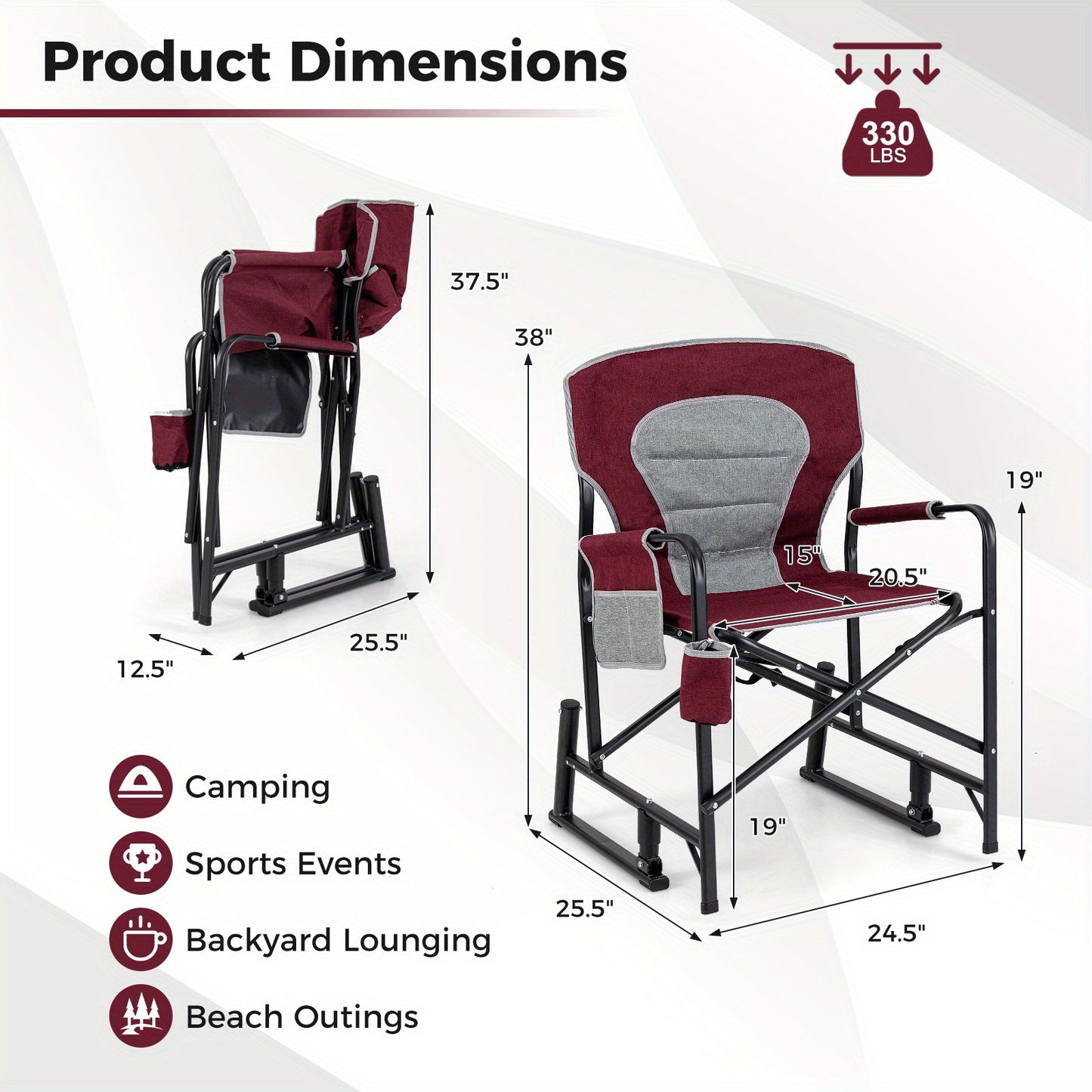 Outdoor Rocker Camping Chair for Adults, Portable Foldable Rocking Chair w/ Dual Springs, Padded Back, Armrests, Cup Holder, Storage Pocket, Heavy-Duty Arm Chair for Beach Patio Travel Picnic.