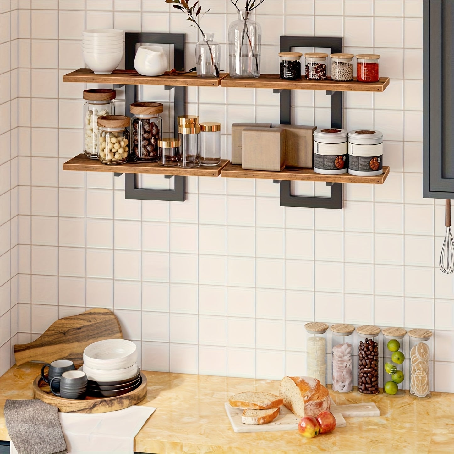 Set Of 2 Floating Shelves | 2 Tiers | Wall-Mounted Storage | For Bathroom, Living Room, Bedroom, And Kitchen