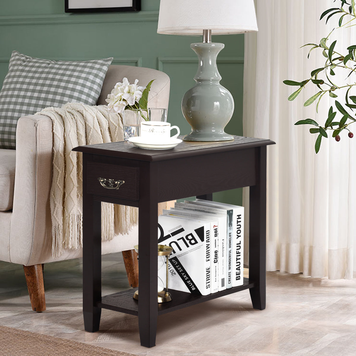 2-Tier COSTWAY Side Table - Storage Drawer, Lower Shelf, Easy Assembly, Sturdy Rubber Wood Legs for Small Spaces (Bedroom, Living Room, Entryway)