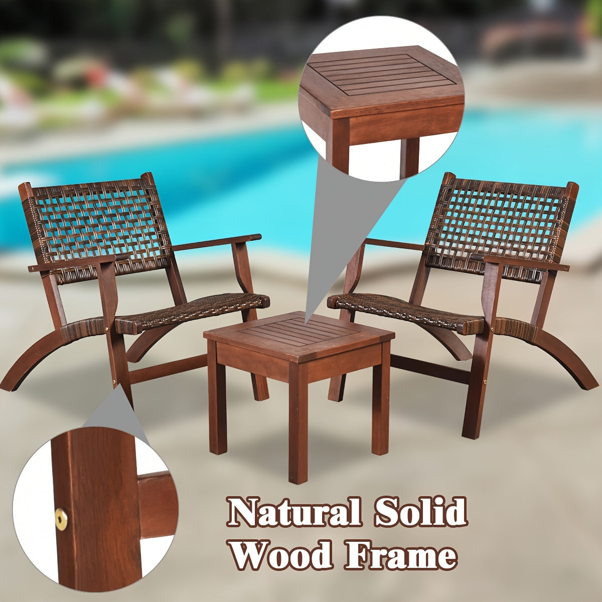 3pcs Outdoor Patio Rattan Furniture Set, Solid Wood Frame Chair And Coffee Table