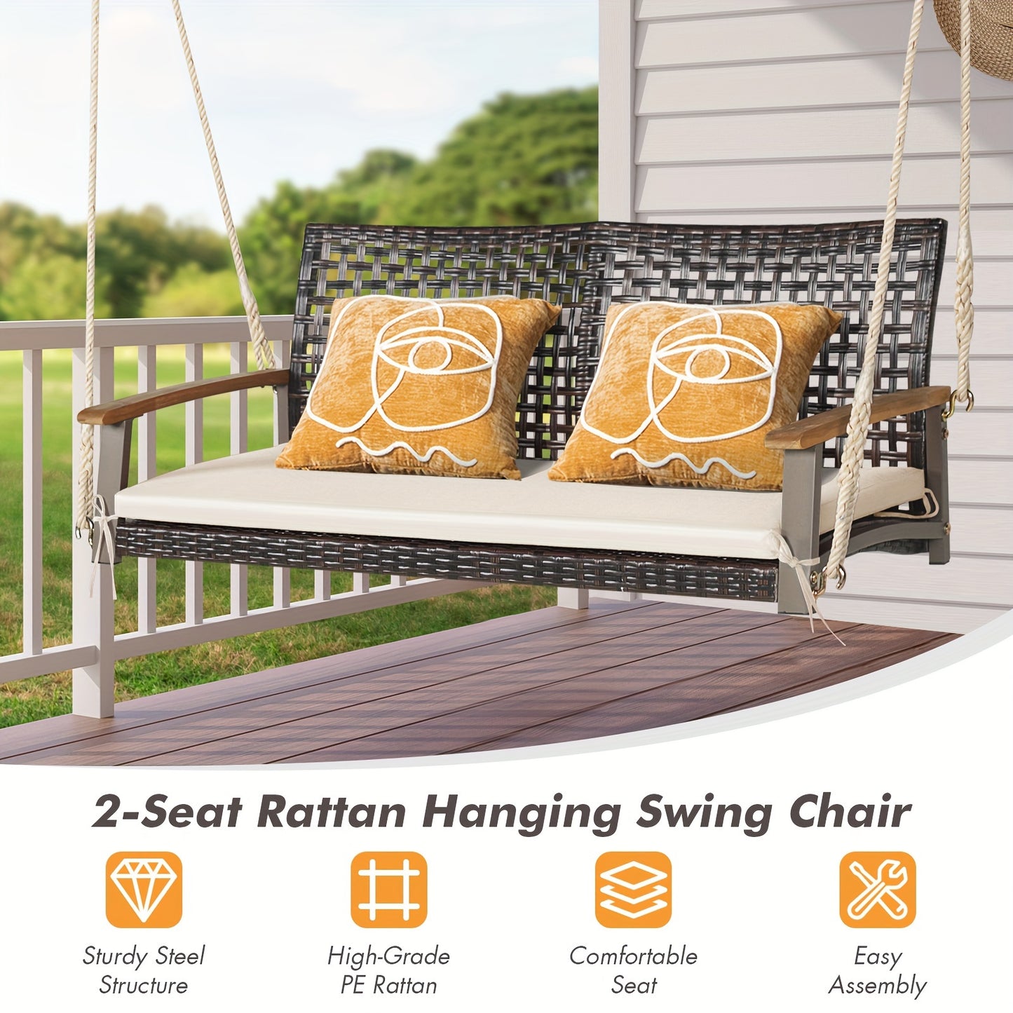 2-Person Patio Rattan Hanging Swing Chair Porch Loveseat Cushion White