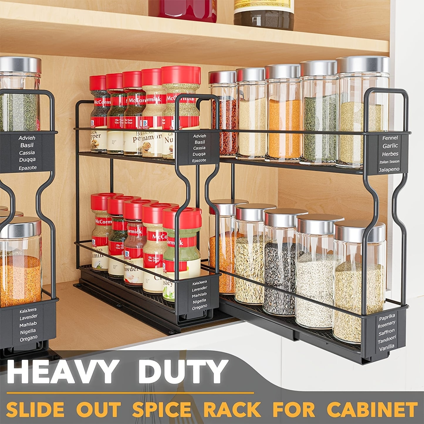 2pcs Spice Rack Organizer For Cabinets, Heavy Duty Slide Out Design With Labels, 5.2" W X 10.75" D X 10" H, No Jars