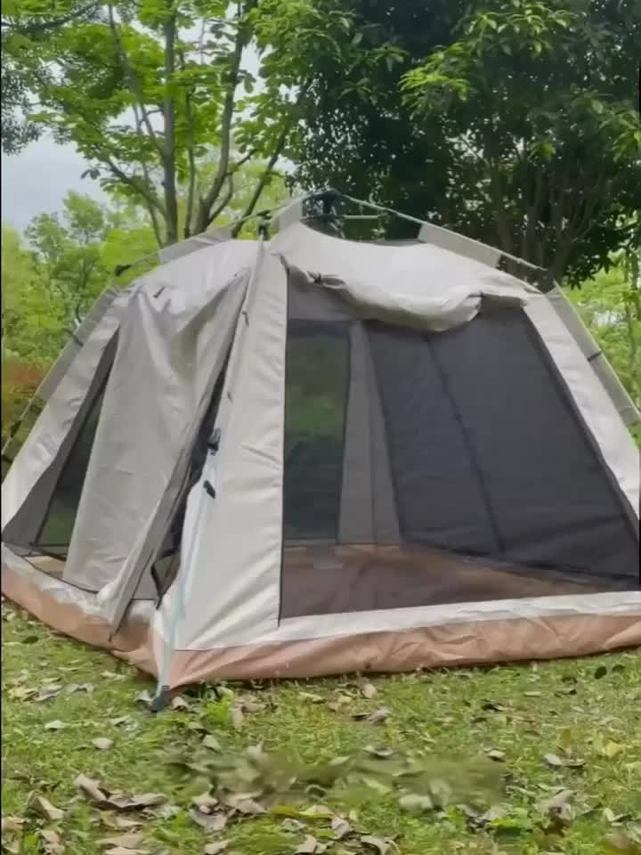 Family Camping Tent with Canopy - Quick Setup, Windproof, All-Season Design with Mosquito Netting & UV Protection, Durable Oxford Fabric, Beige Multi-Band Sunshade, Ideal for Outdoor Adventures & Camping Accessories, Allseason Camping