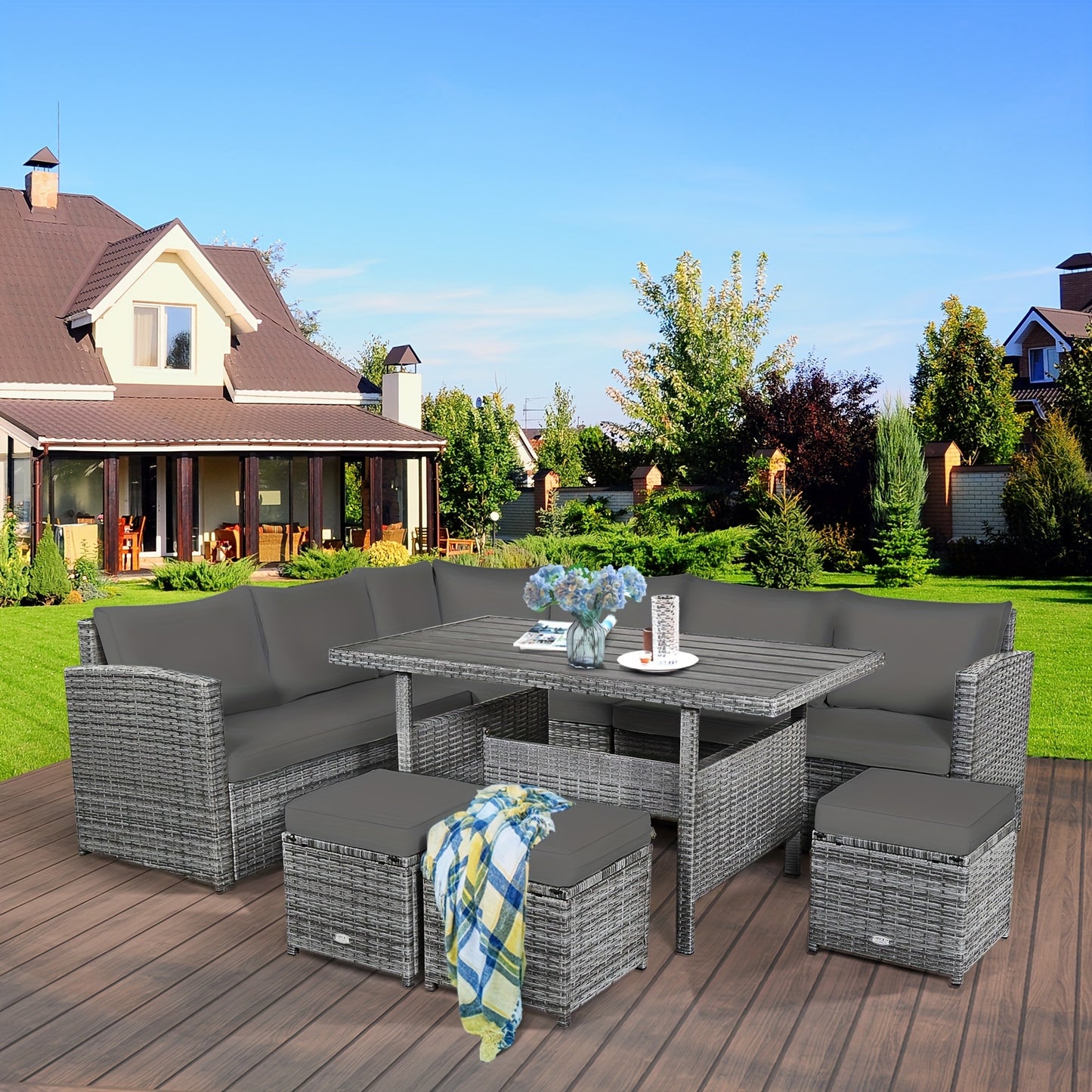 7pcs Patio Rattan Dining Set, Sectional Sofa Couch Ottoman For Garden Gray