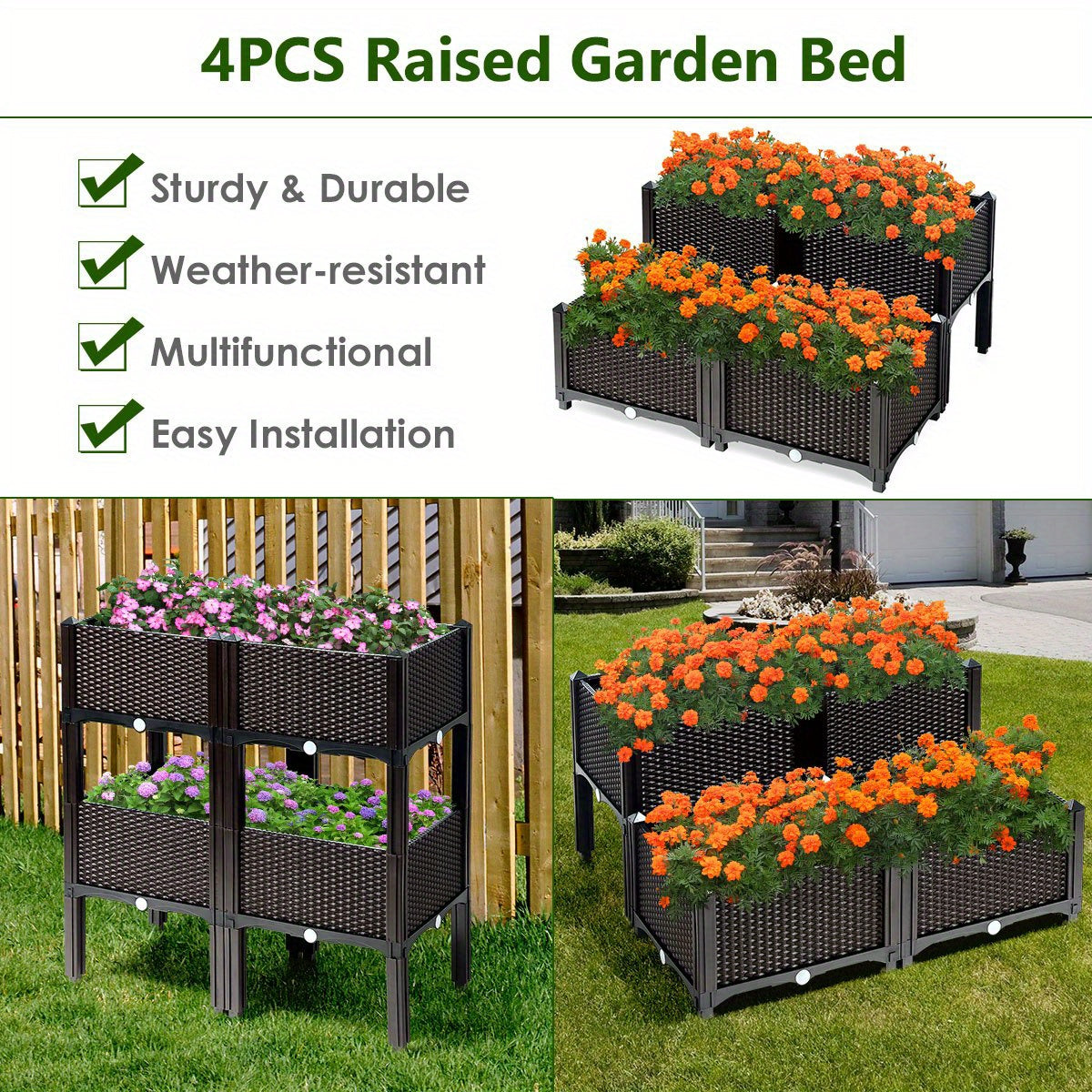 Set of 4 Raised Garden Bed Elevated Flower Vegetable Herb Grow Planter Box Brown