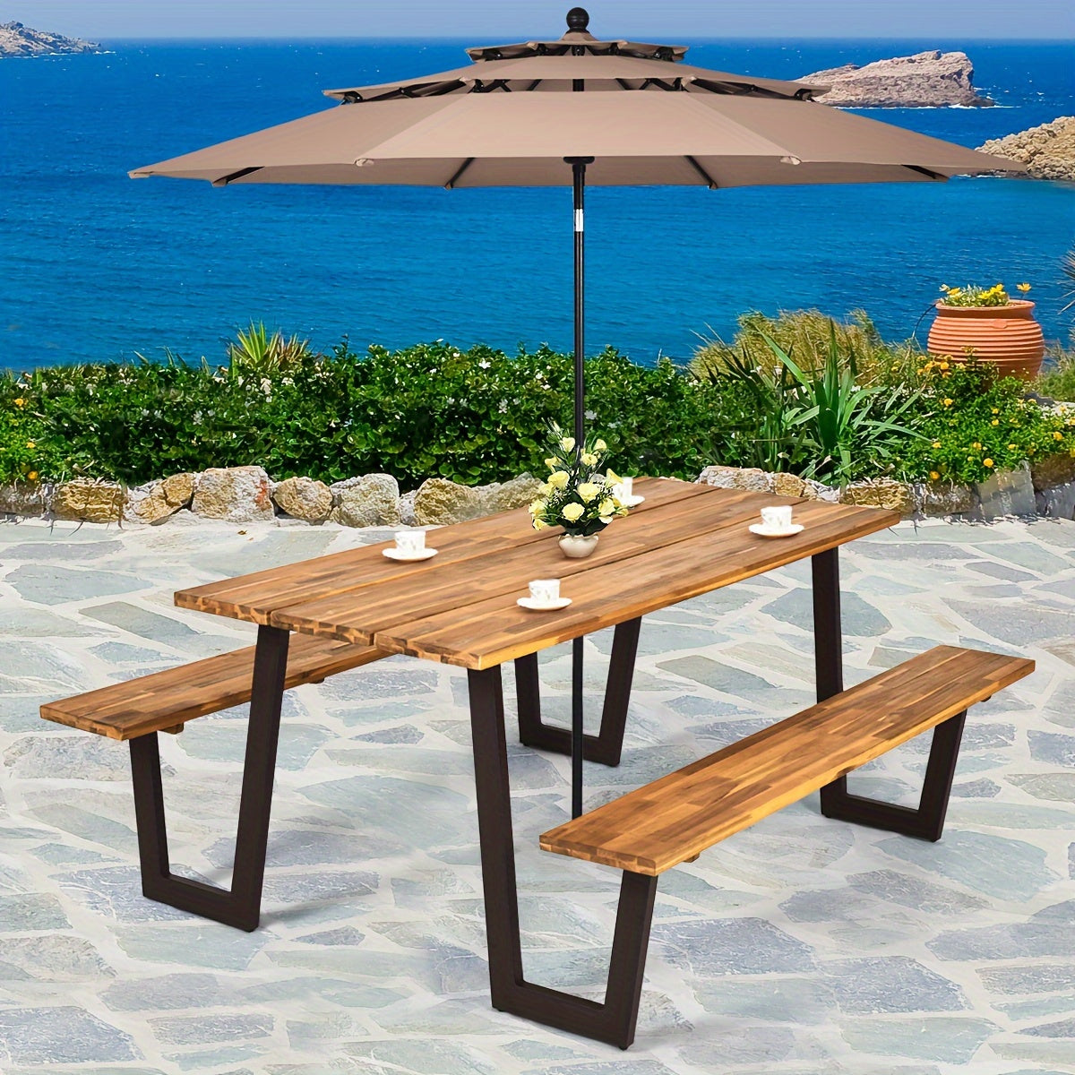 Picnic Table Bench Set Outdoor Camping Wooden 2 Benches w/Umbrella Hole Patented