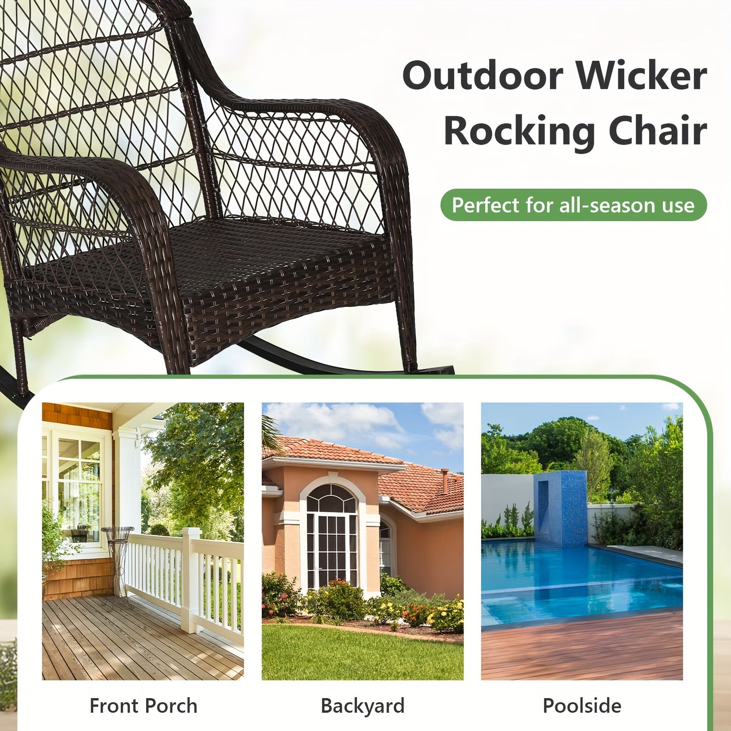 Patio Wicker Rocking Chair W/Seat Back Cushions & Lumbar Pillow Porch Off White
