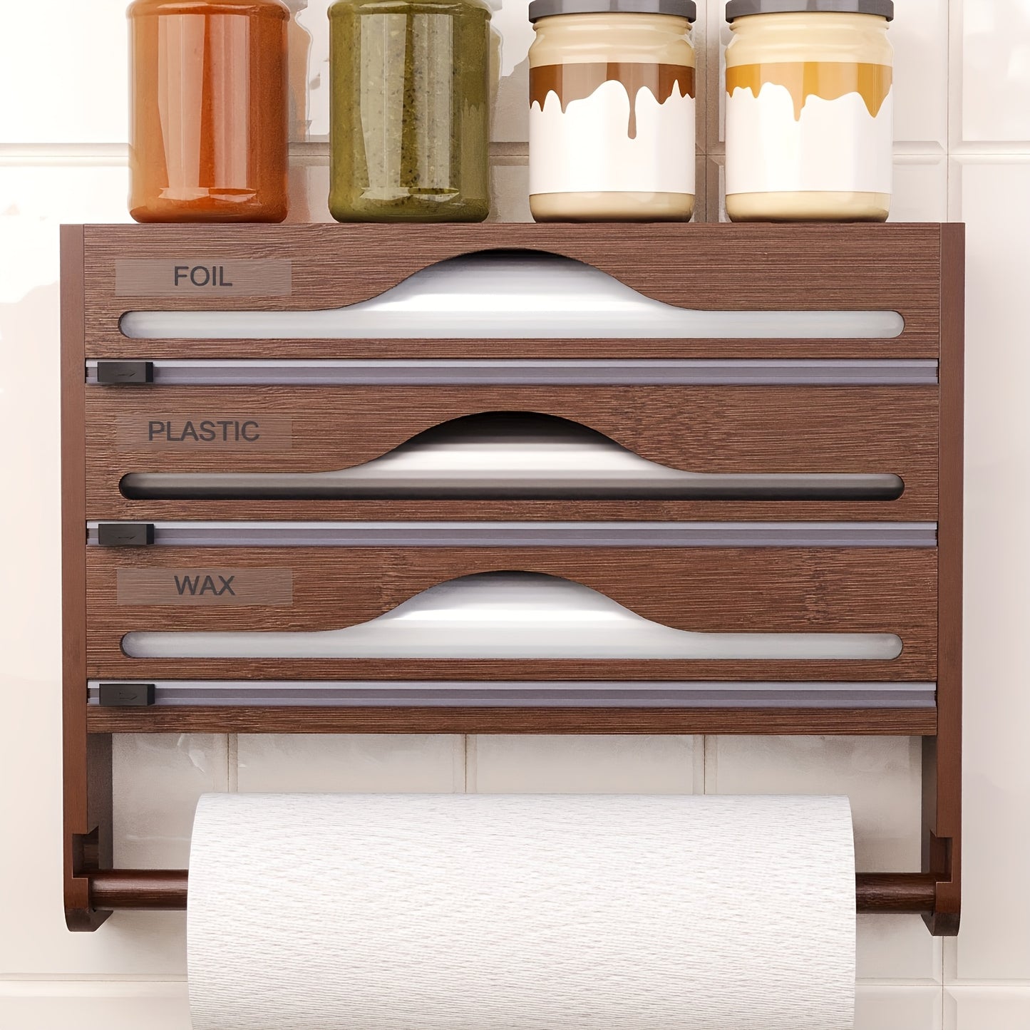 3-Section Bamboo Wrap Dispenser - Kitchen Organizer with Paper Towel Holder, Cutter, and Storage Rack for Foil, Plastic Wrap, Wax, and Accessories - High-Quality, Hand Wash Only, Multi-Purpose Use, Kitchen Storage Solution | Sleek Bamboo Design |
