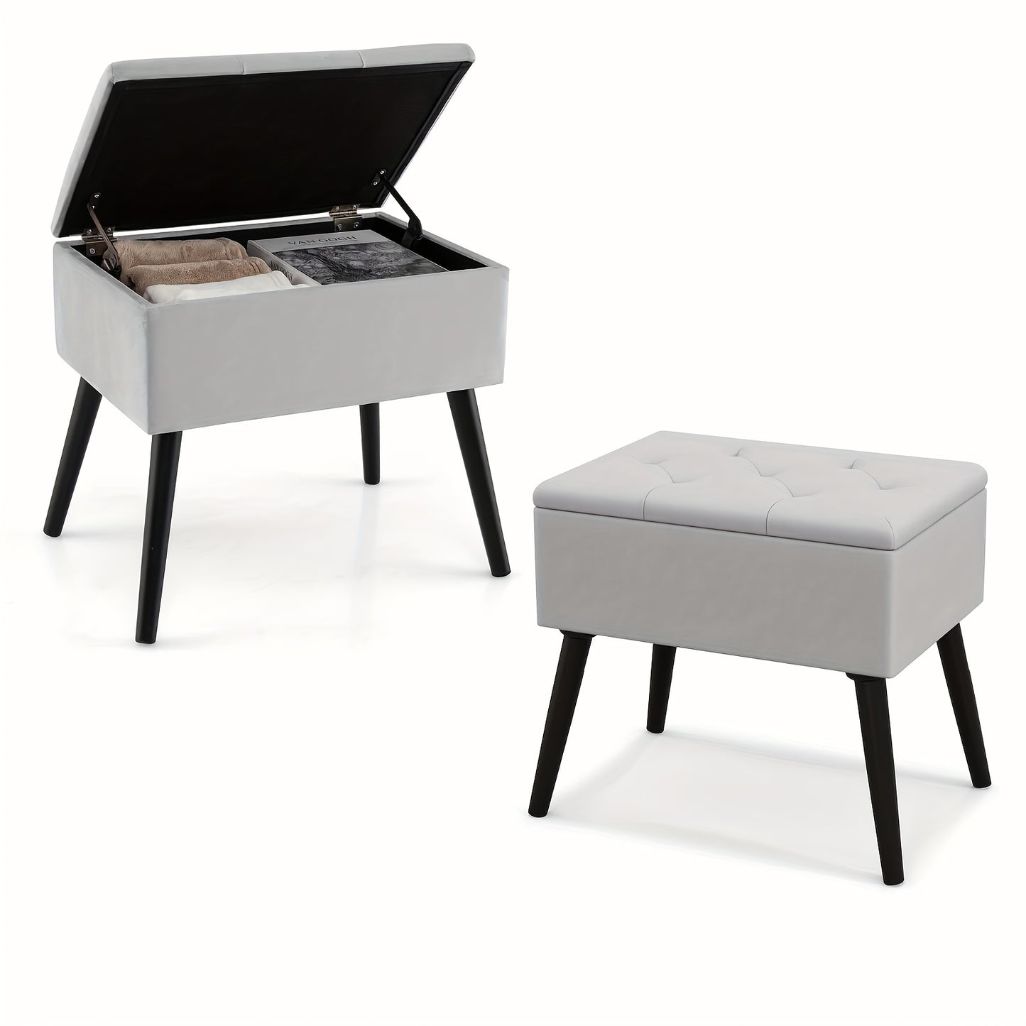 20" Ottoman With Storage - Makeup Vanity Bench With Flip Top Storage, Wood Legs, Upholstered Tufted Storage Ottoman Side Table, Footrest Entryway Stool For Bedroom Living Room.