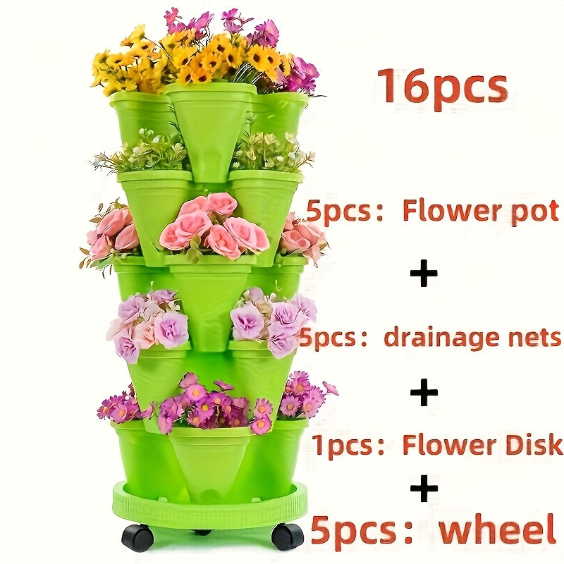 16pcs 5-Tier Stackable Vertical Garden Pots With Wheels | Durable Plastic Indoor/Outdoor Planters For Flowers, Herbs, Strawberries, Vegetables | Includes Flower Pots, Drainage Nets & Disk, Extra Large Flower Pots, Mobile Flower Pots, Wheeled Planters