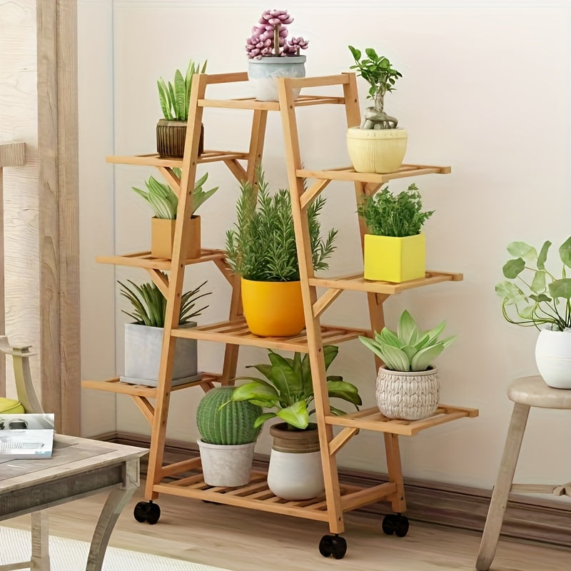 3-Tier Wooden Plant Stand with Wheels - Mobile Indoor/Outdoor Rolling Shelf for Potted Plants, Space-Saving A-Frame Design, Rustic Home Decor & Gardening Tool Organizer, Durable Wooden Construction