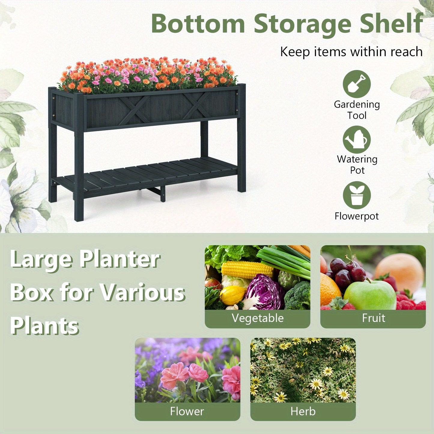 HIPS Raised Garden Bed Poly Wood Elevated Planter Box w/ Legs, Storage Shelf