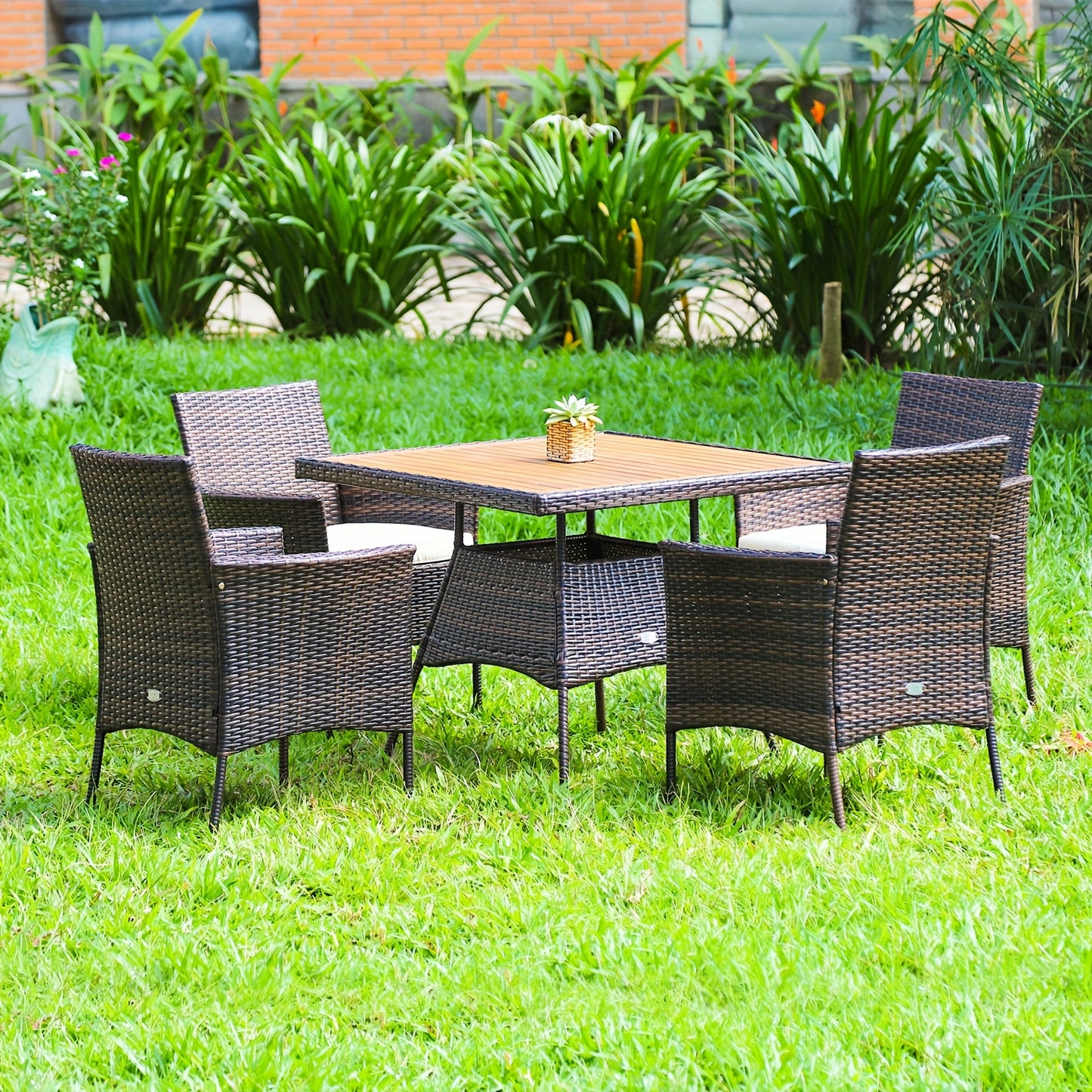 5pcs Patio Dining Set with Acacia Wood Table and PE Rattan Arm Chairs, Mixed Brown & Off White, Patio Dining Table Set, Wooden Table Top