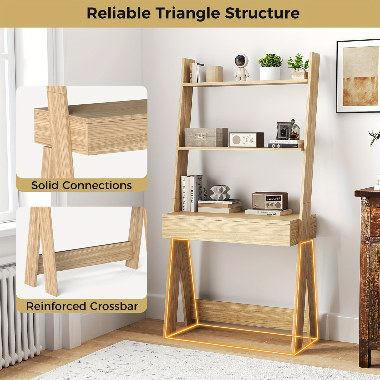 Ladder Shelf Desk Bookcase w/Countertop, Drawer & 2 Shelves Bookshelf