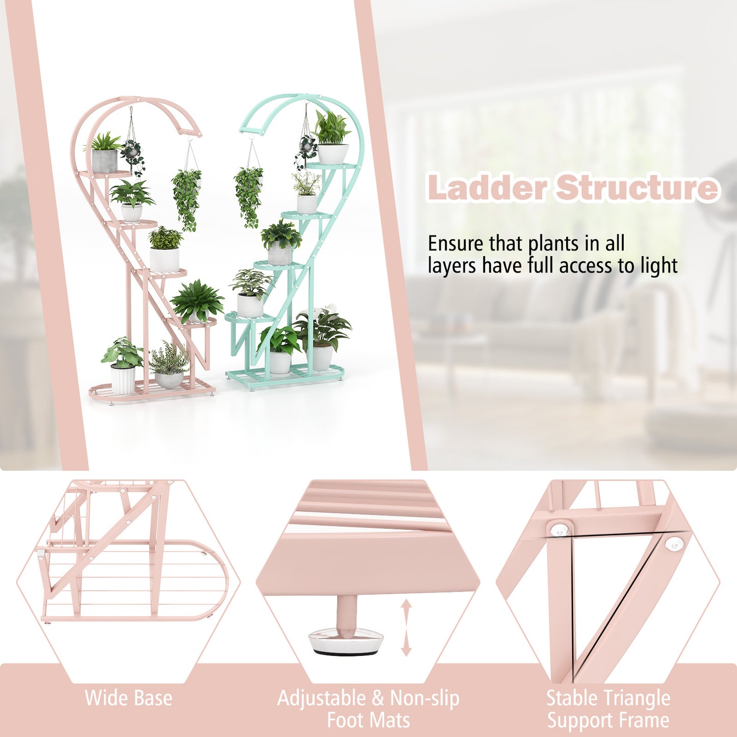 5 Tier Metal Plant Stand, Heart-shaped Ladder Plant Holder w/Hanging Hook for Multiple Plants, Indoor Corner Flower Rack for Home Decor, Patio, Balcony, Garden, Black/White/Pink & Blue