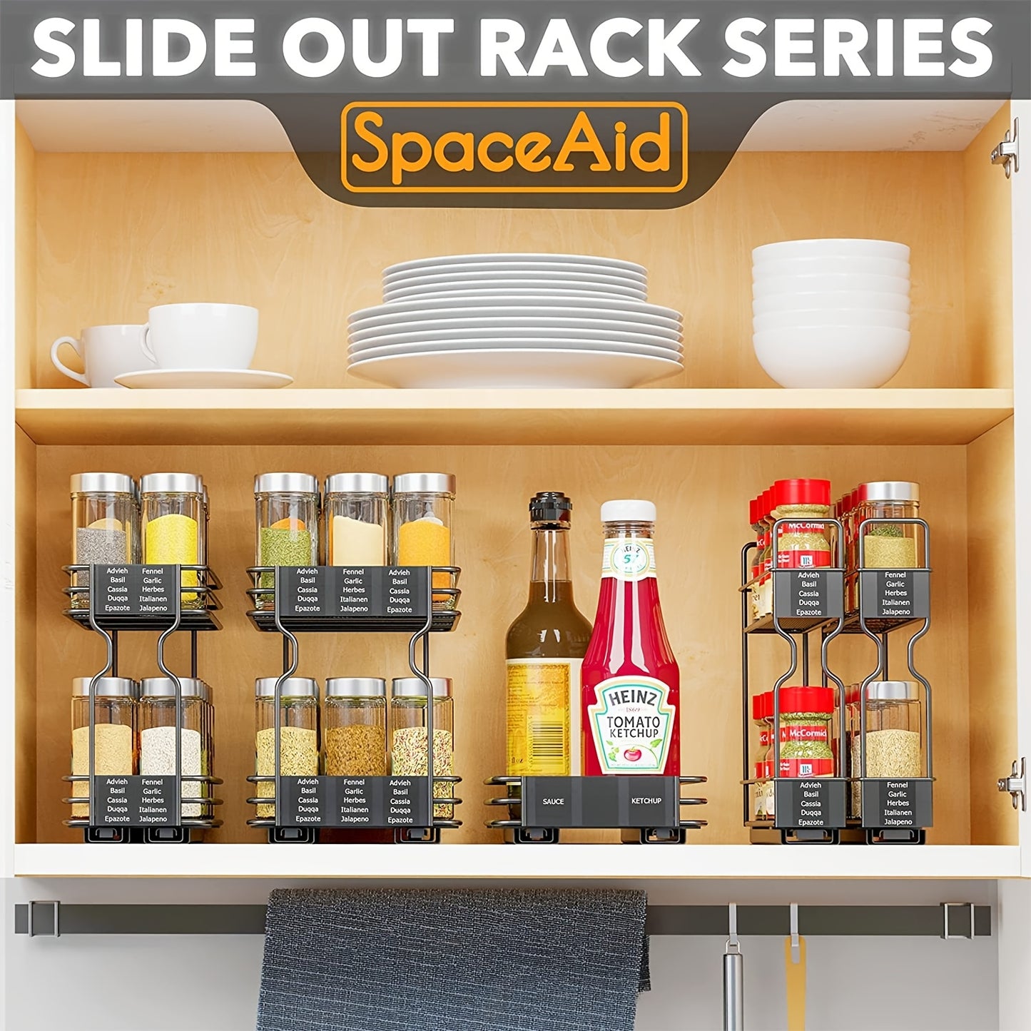 2pcs Spice Rack Organizer For Cabinets, Heavy Duty Slide Out Design With Labels, 5.2" W X 10.75" D X 10" H, No Jars