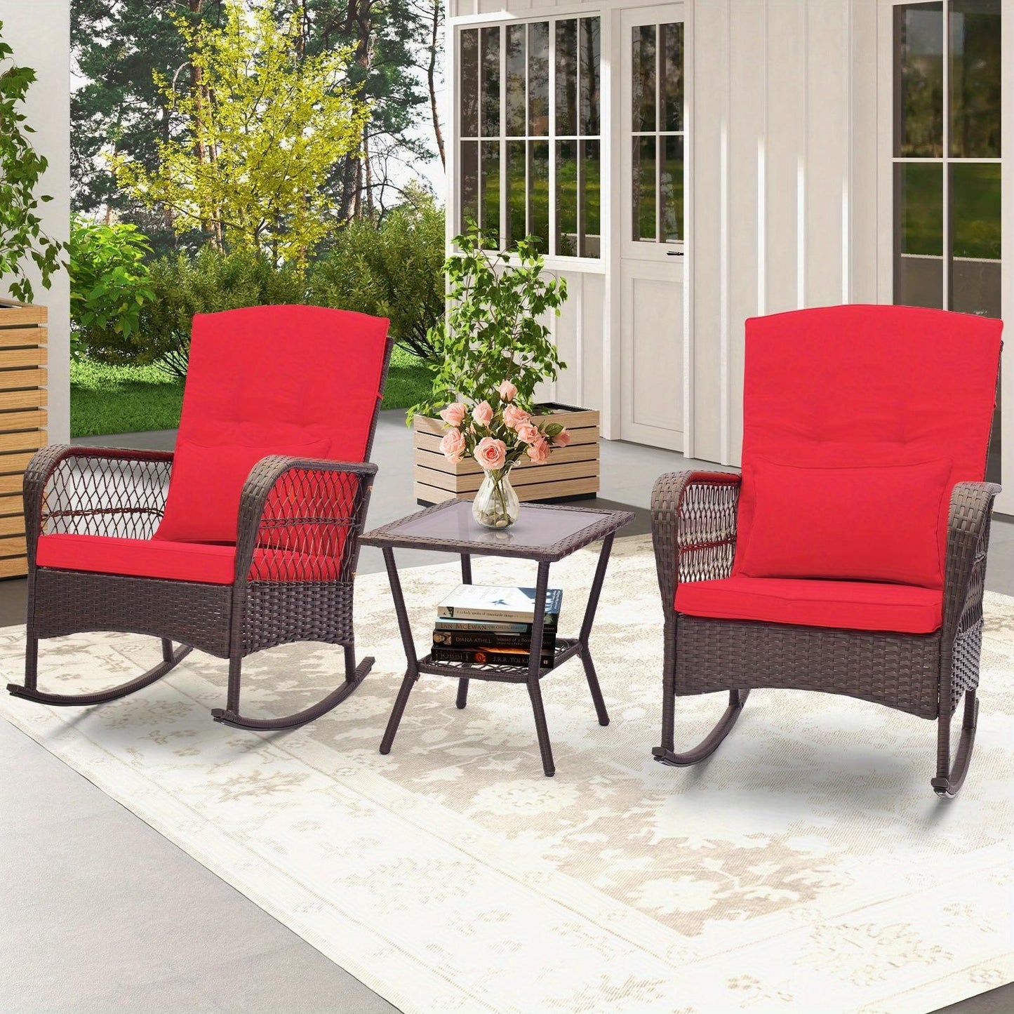 3pcs Patio Rocker Set, Outdoor Wicker Rocking Chairs w/ Double-Layer Coffee Table, Rattan Rocker Chair Set w/ Seat Back Cushions & Pillows, for Porch, Backyard, Poolside.