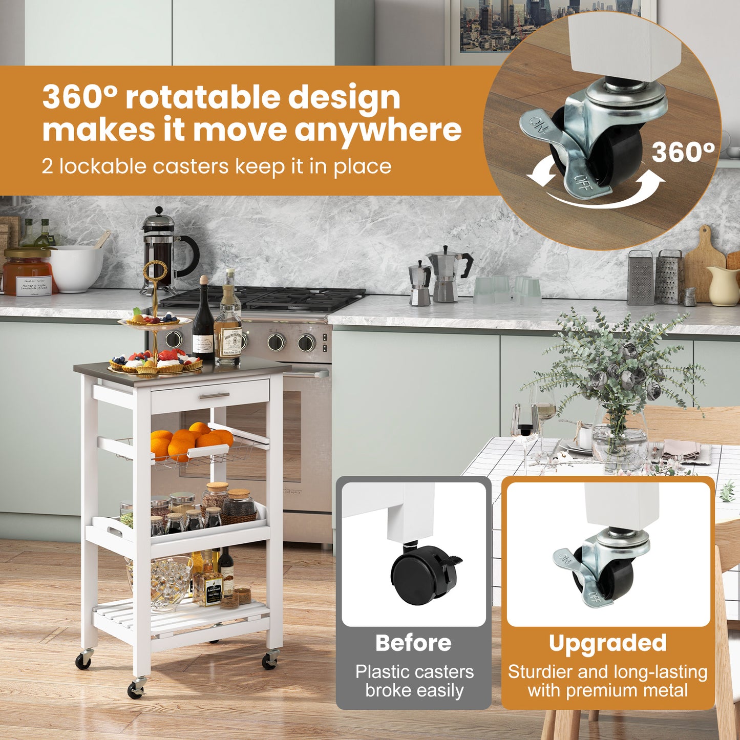 Kitchen Island on Wheels, Rolling Kitchen Cart with Stainless Steel Countertop, Slide-out Metal Wire Basket, Serving Tray, Lockable Casters, Utility Storage Trolley for Kitchen, Dining Room