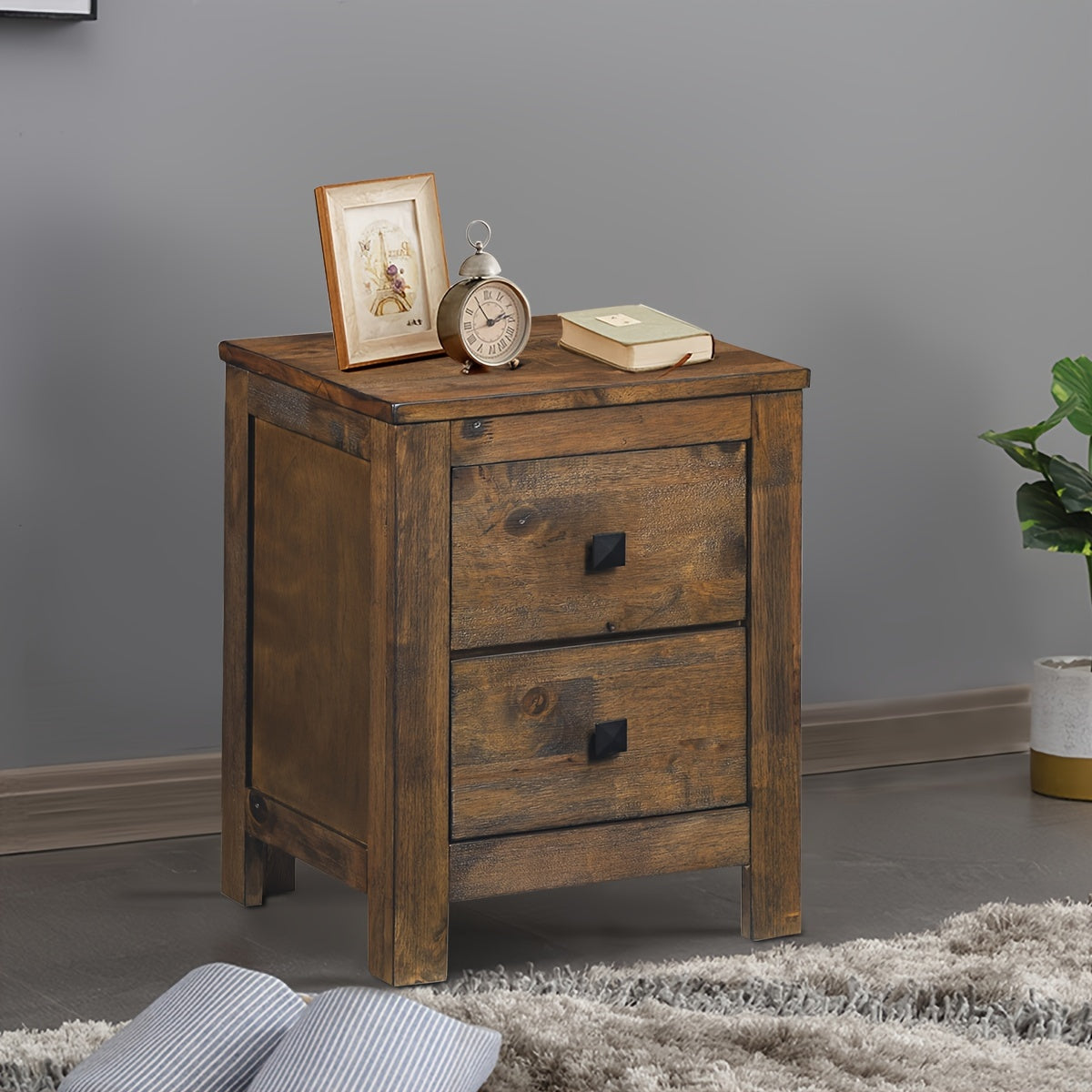 1pc Rustic Wooden Nightstand With 2 Sliding Drawers, 17x21x14.5 Inches, Vintage Bedside Sofa Side End Coffee Table For Bedroom Storage, Farmhouse Style Bedroom Furniture