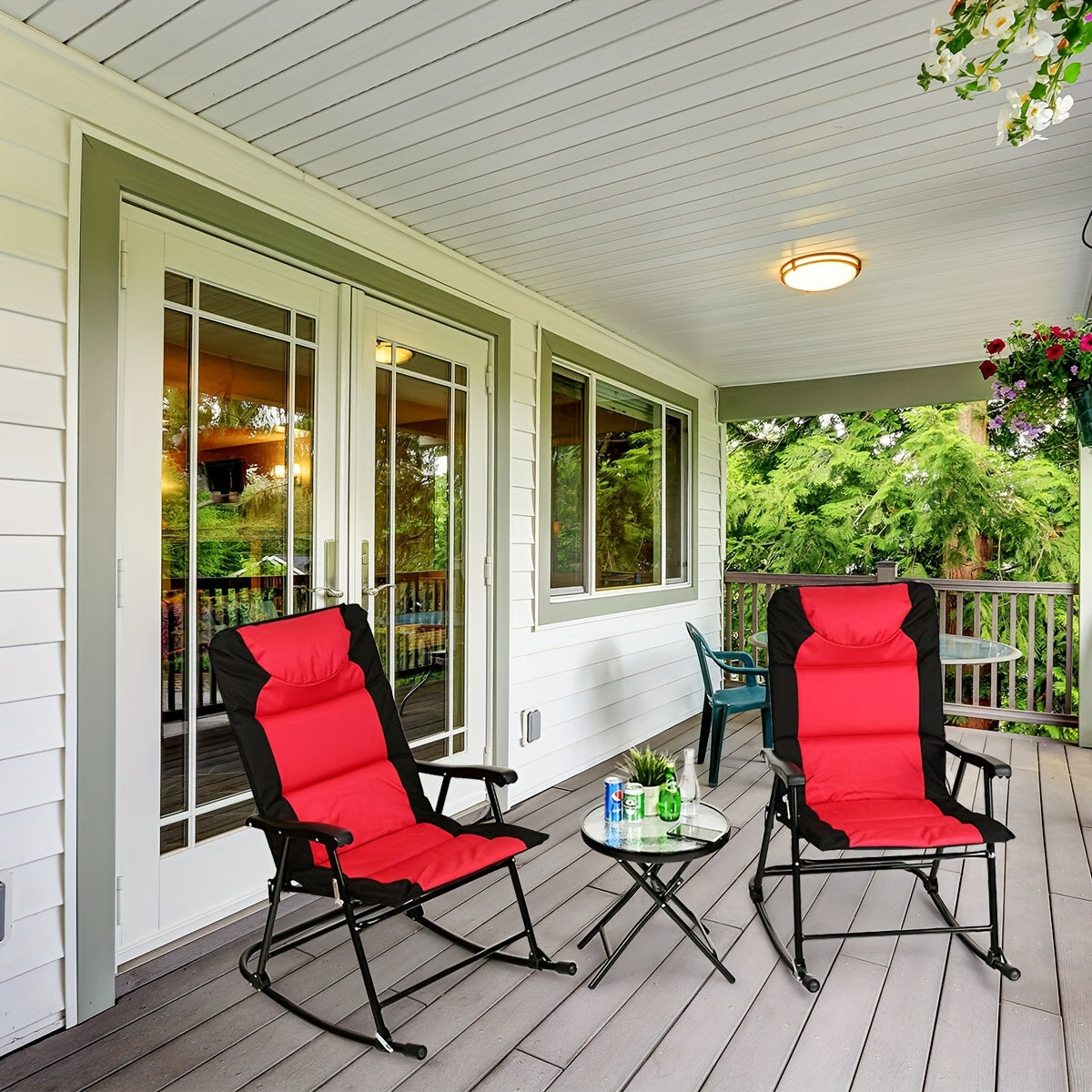 2pcs Rocking Chairs With Cushions & 1pc Glass Top Table, 3pcs Folding Bistro Set, Steel Garden Furniture In Red, Outdoor Patio Set, Space-Saving & Comfort Design, 42.0"x33.0"x27.0" Chairs, 19.0"x20.0" Table