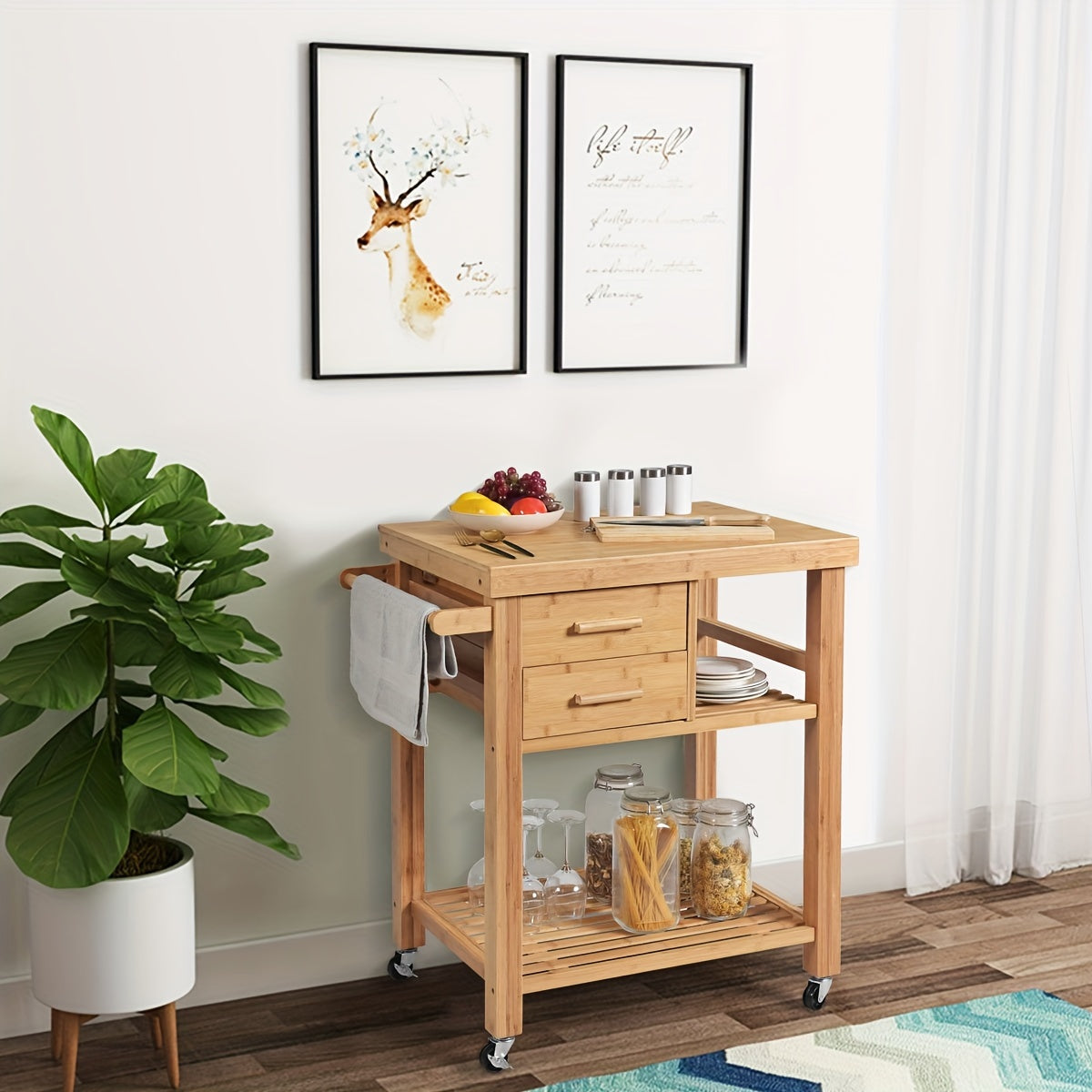 Bamboo Rolling Kitchen Trolley Cart With Towel Rack And Drawers, Classic Style, Portable Wood Island On Wheels, Versatile Storage For Home And Dining