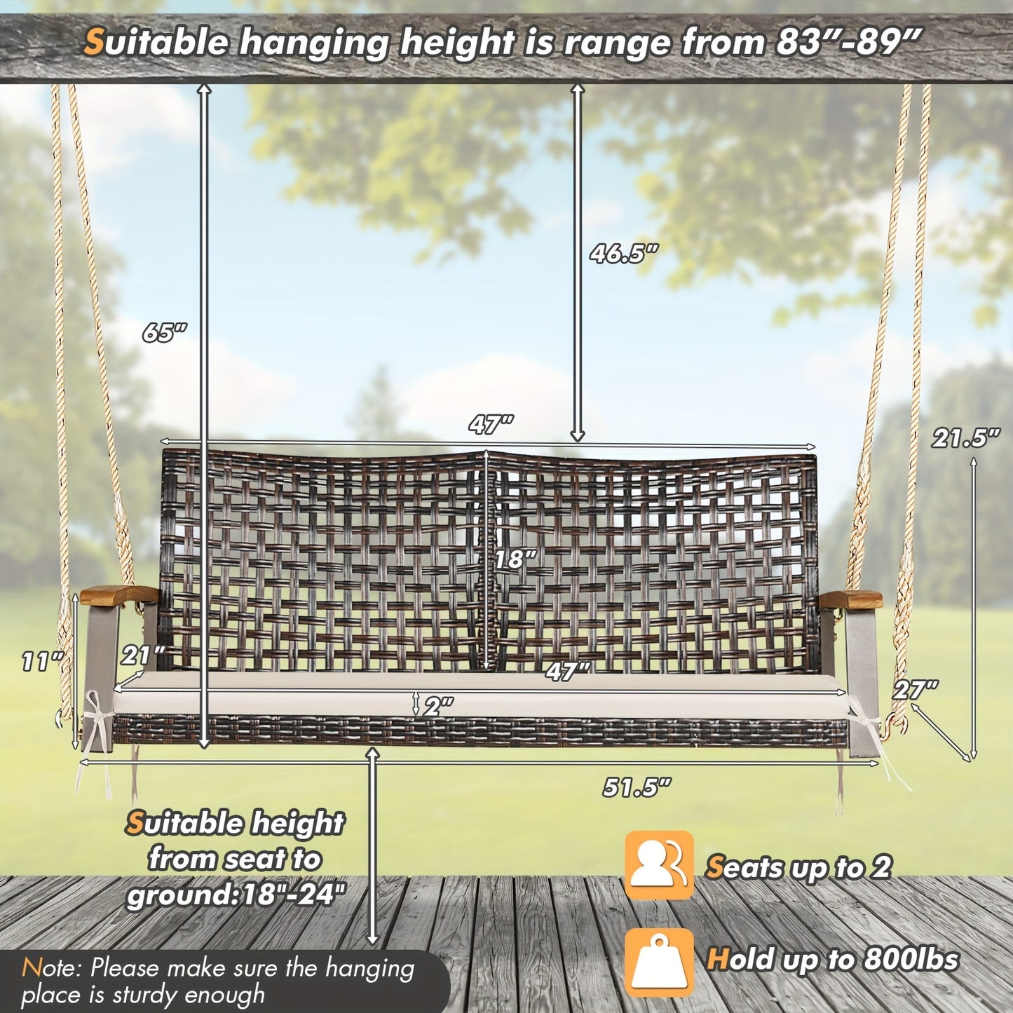 2-Person Patio Rattan Hanging Swing Chair Porch Loveseat Cushion White