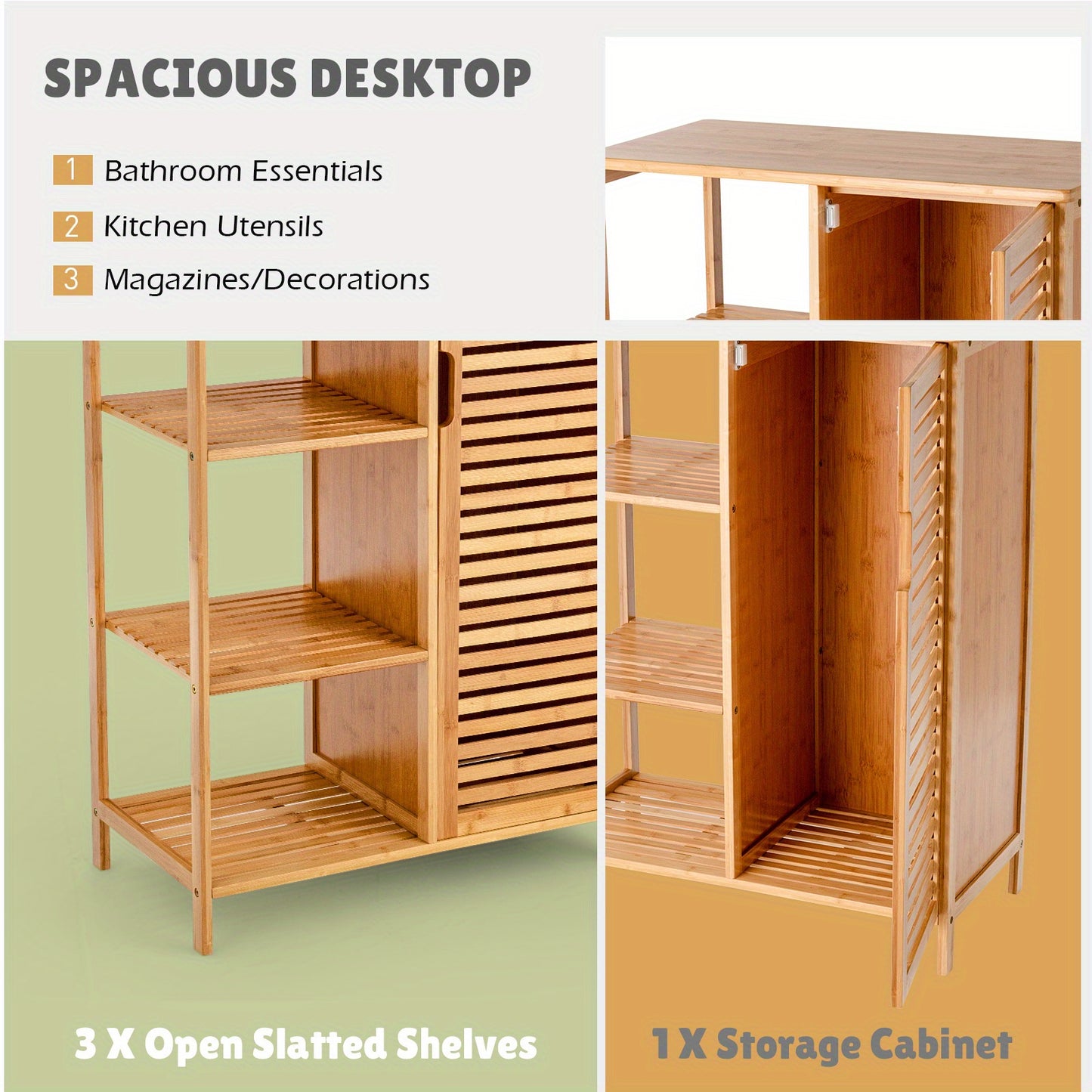 Bathroom Cabinet Bamboo Storage Floor Cabinet w/ Single Door & 3 Open Shelves